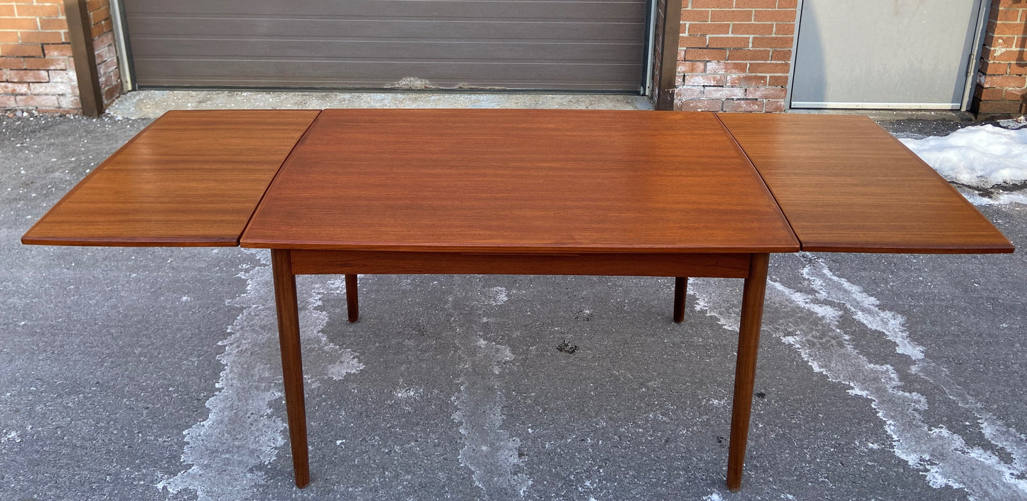 REFINISHED Danish Mid Century Modern Teak Table Draw Leaf, Surfboard, 48" - 84.5", Perfect