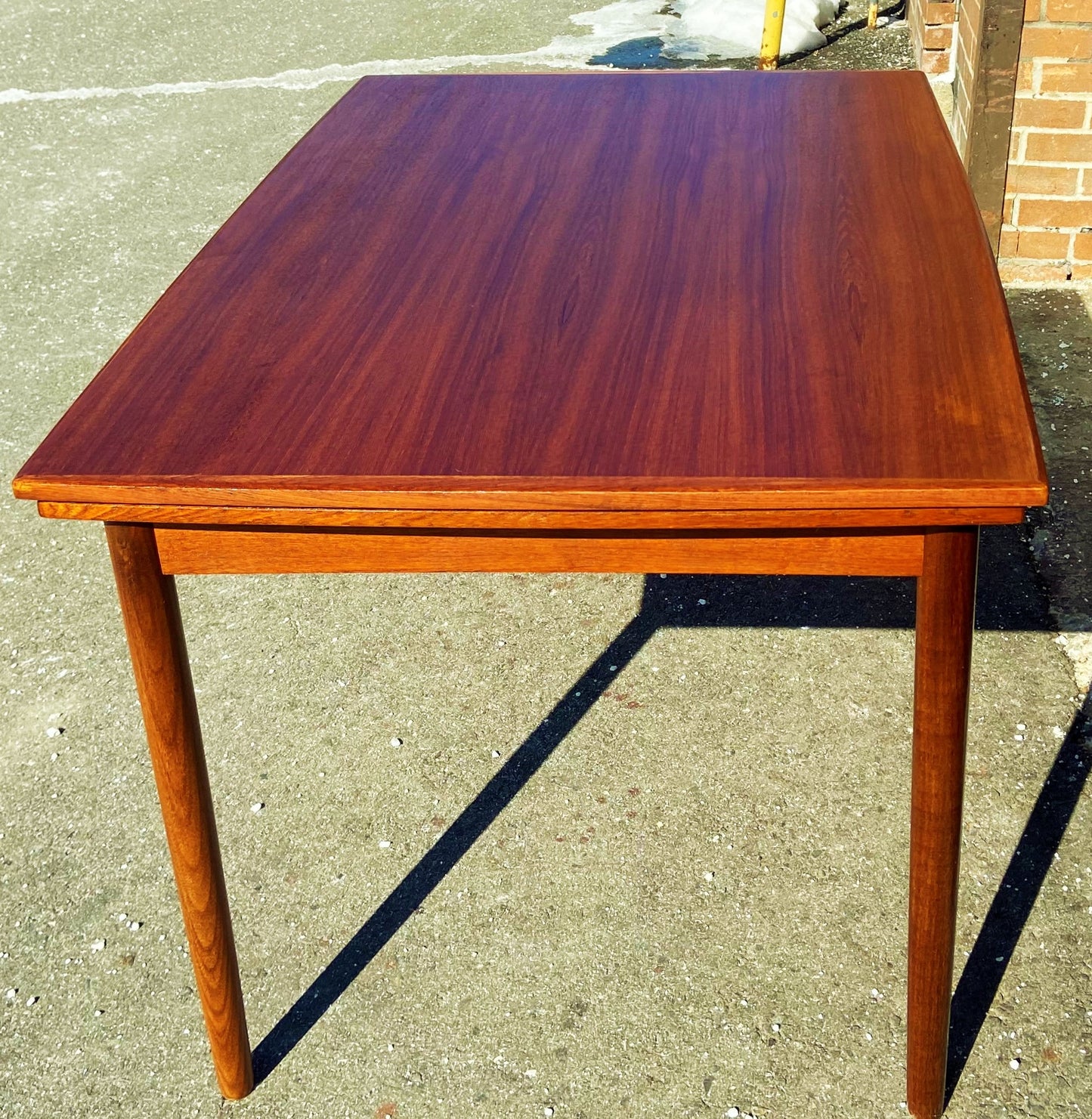 REFINISHED Danish Mid Century Modern Teak Table Draw Leaf, Surfboard, 48" - 84.5", Perfect