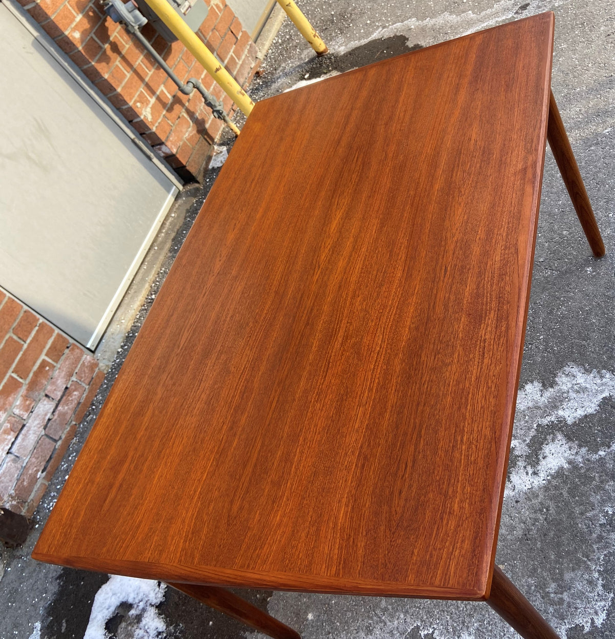 REFINISHED Danish Mid Century Modern Teak Table Draw Leaf, Surfboard, 48