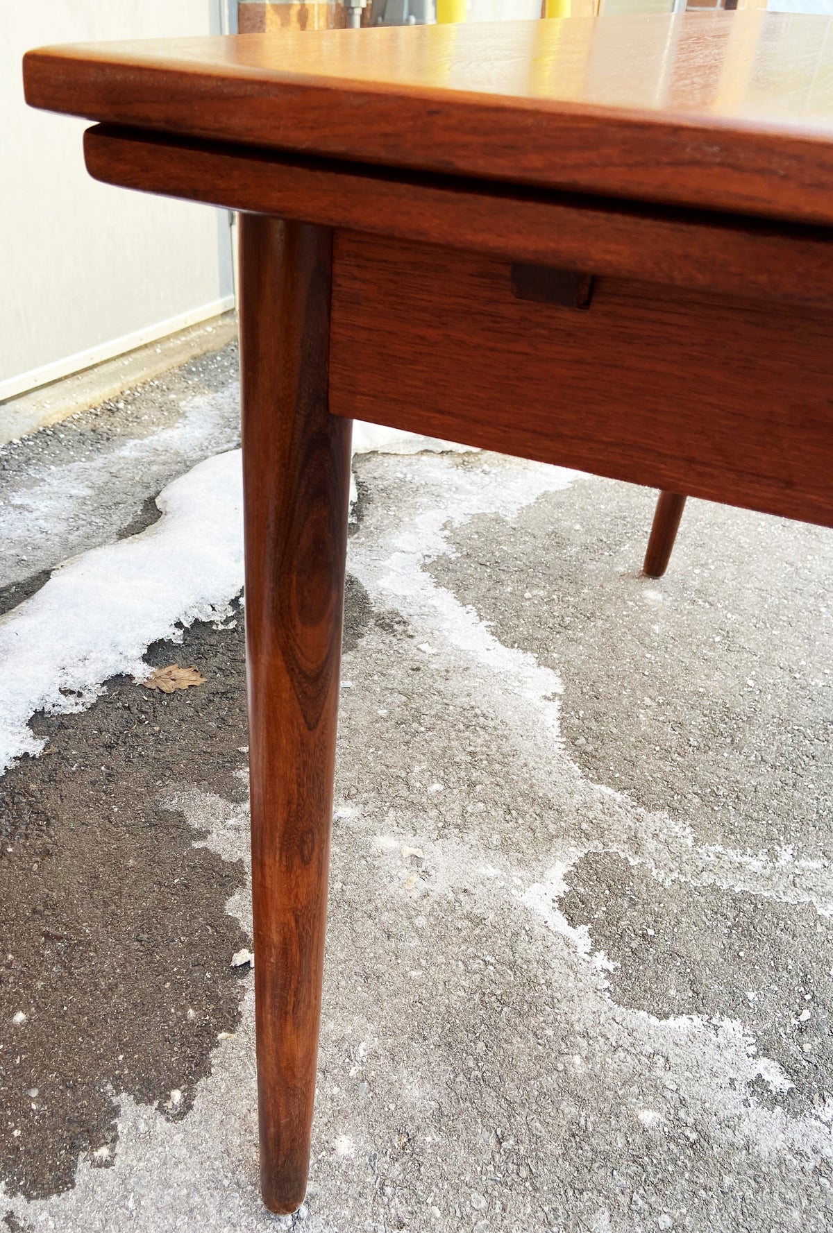 REFINISHED Danish Mid Century Modern Teak Table Draw Leaf, Surfboard, 48