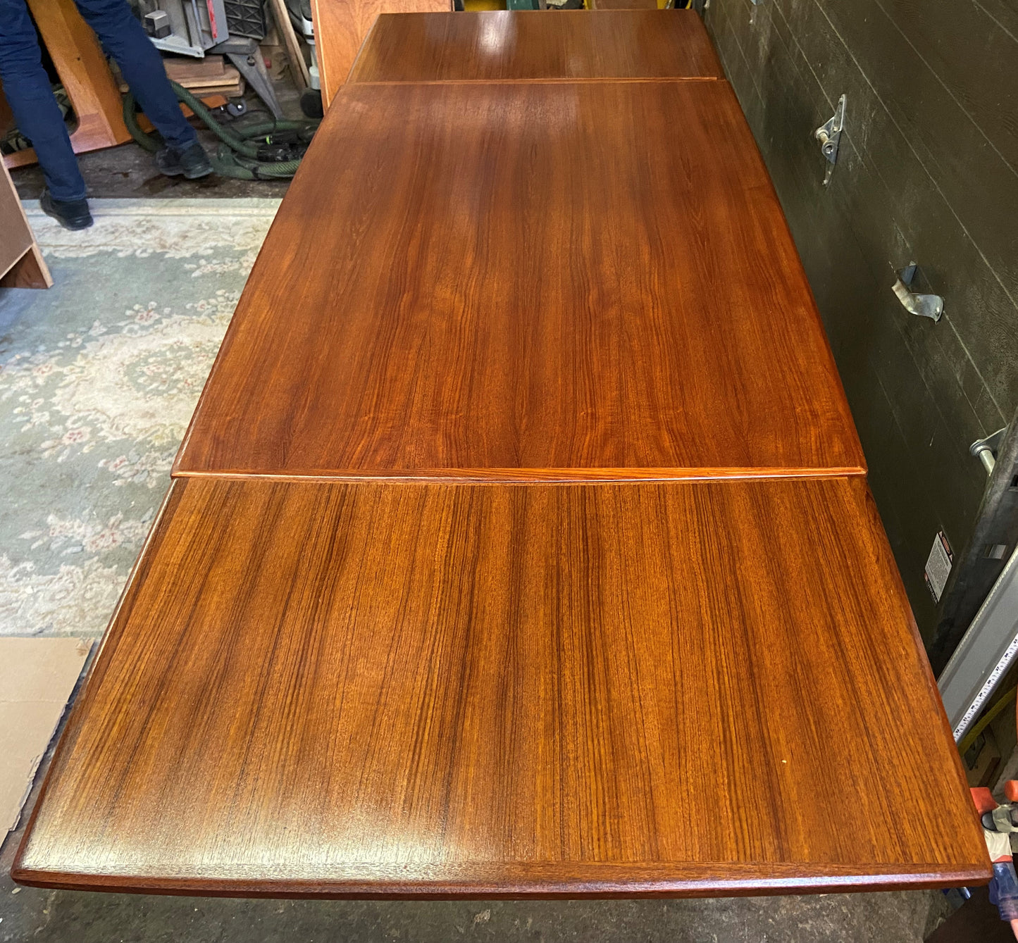 REFINISHED Danish Mid Century Modern Teak Table Draw Leaf, Surfboard, 48" - 84.5", Perfect