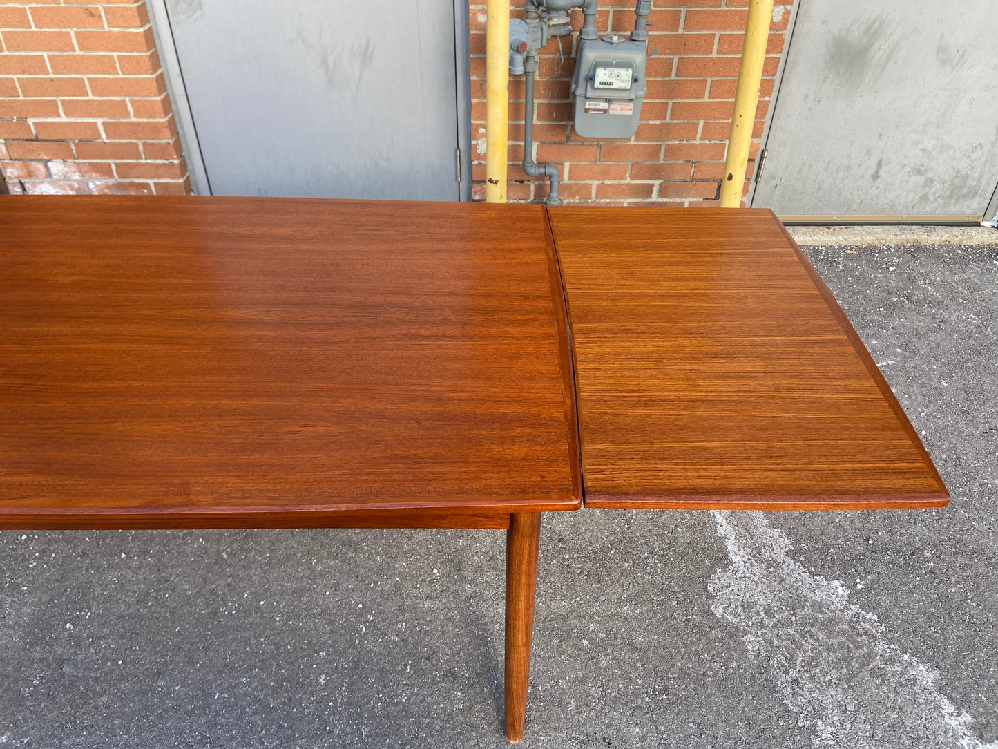 REFINISHED Danish Mid Century Modern Teak Table Draw Leaf, Surfboard, 48" - 84.5", Perfect