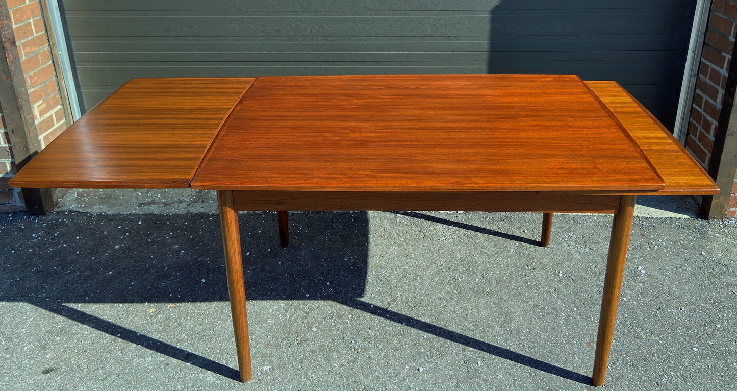 REFINISHED Danish Mid Century Modern Teak Table Draw Leaf, Surfboard, 48" - 84.5", Perfect