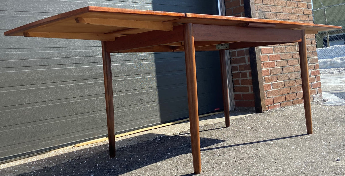 REFINISHED Danish Mid Century Modern Teak Table Draw Leaf, Surfboard, 48