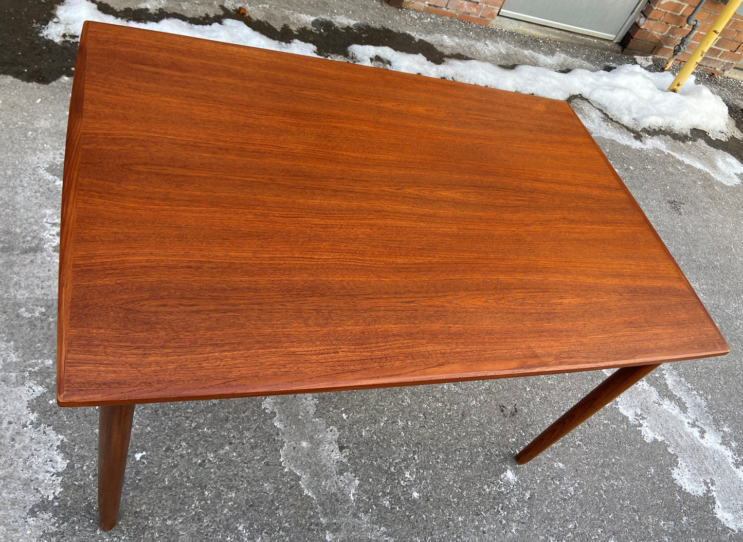 REFINISHED Danish Mid Century Modern Teak Table Draw Leaf, Surfboard, 48" - 84.5", Perfect