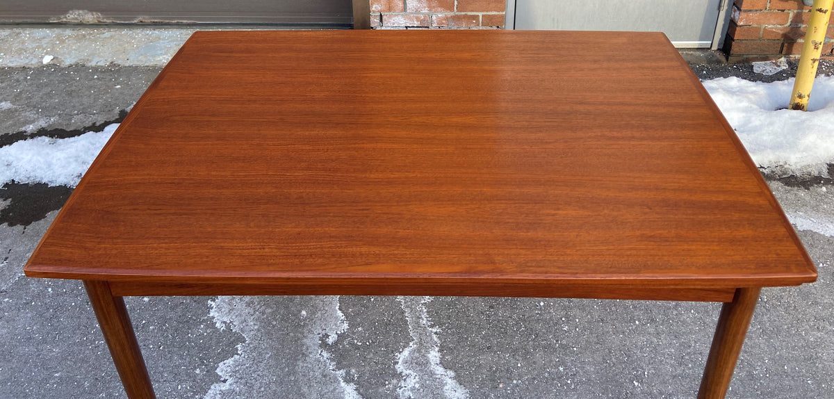 REFINISHED Danish Mid Century Modern Teak Table Draw Leaf, Surfboard, 48