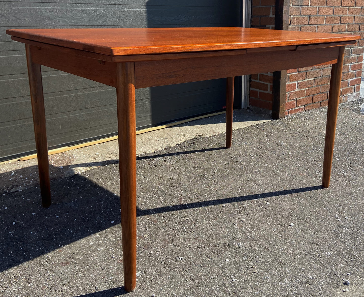 REFINISHED Danish Mid Century Modern Teak Table Draw Leaf, Surfboard, 48" - 84.5", Perfect