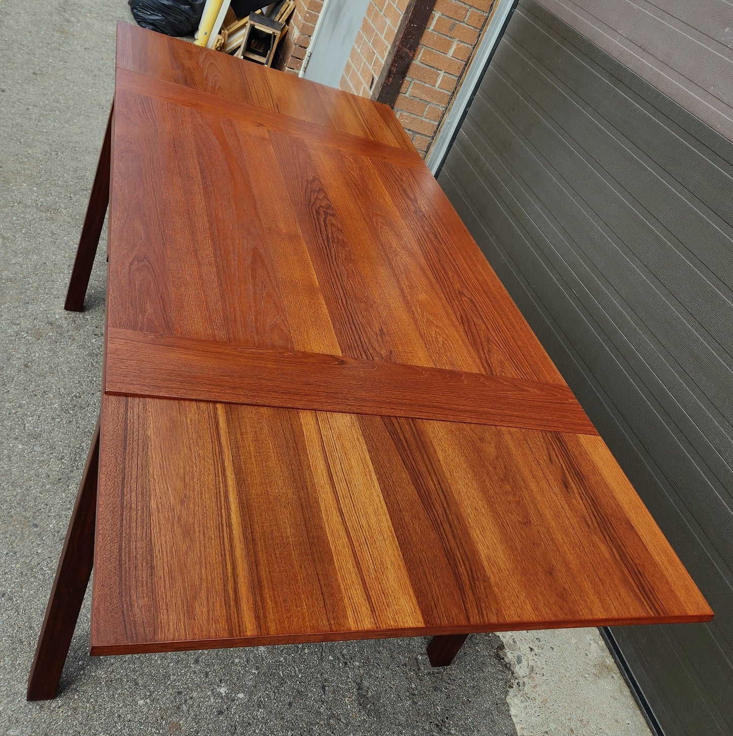 REFINISHED Mid Century Modern Teak Table Draw Leaf by RS Associates 51"-82"