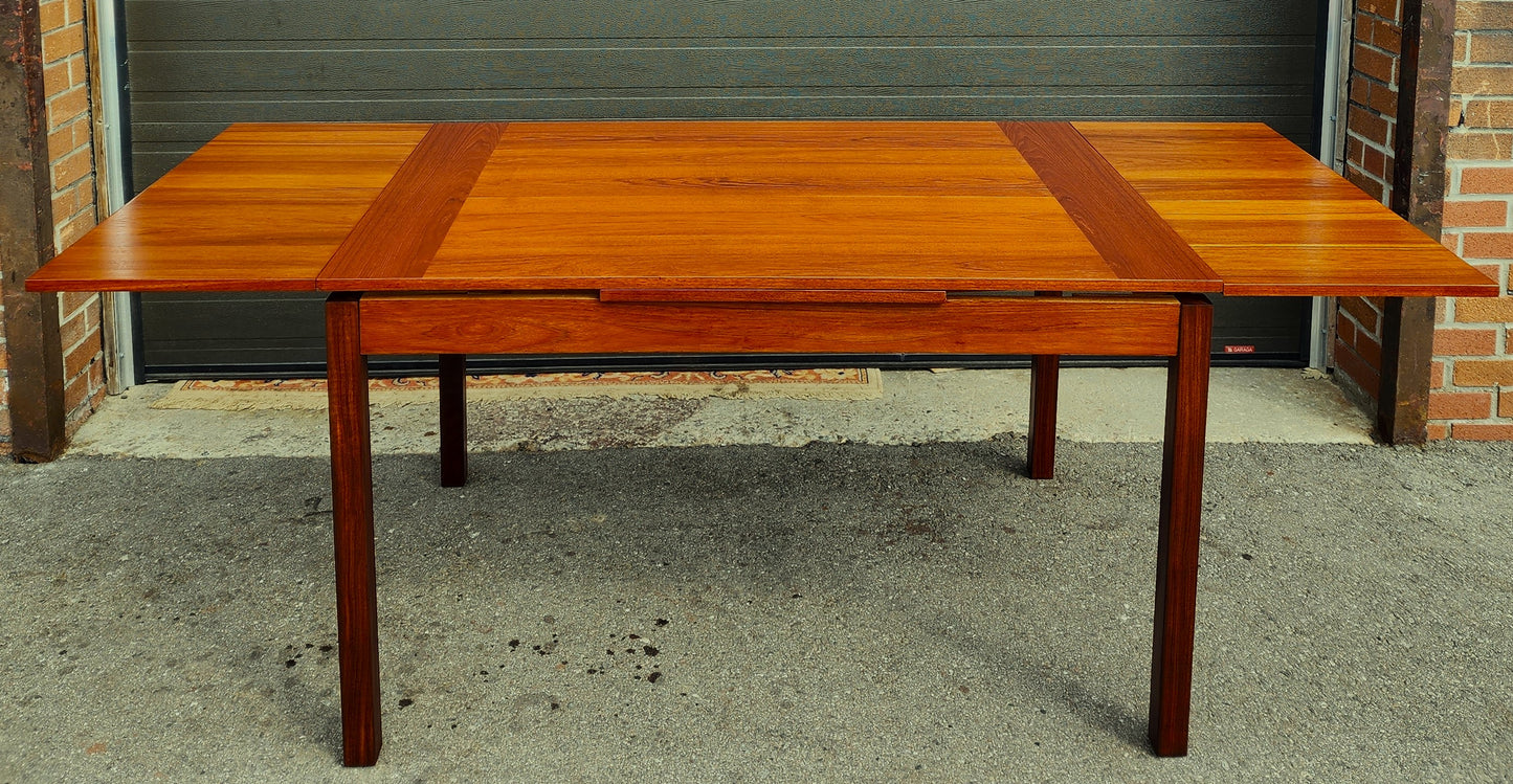 REFINISHED Mid Century Modern Teak Table Draw Leaf by RS Associates 51"-82"