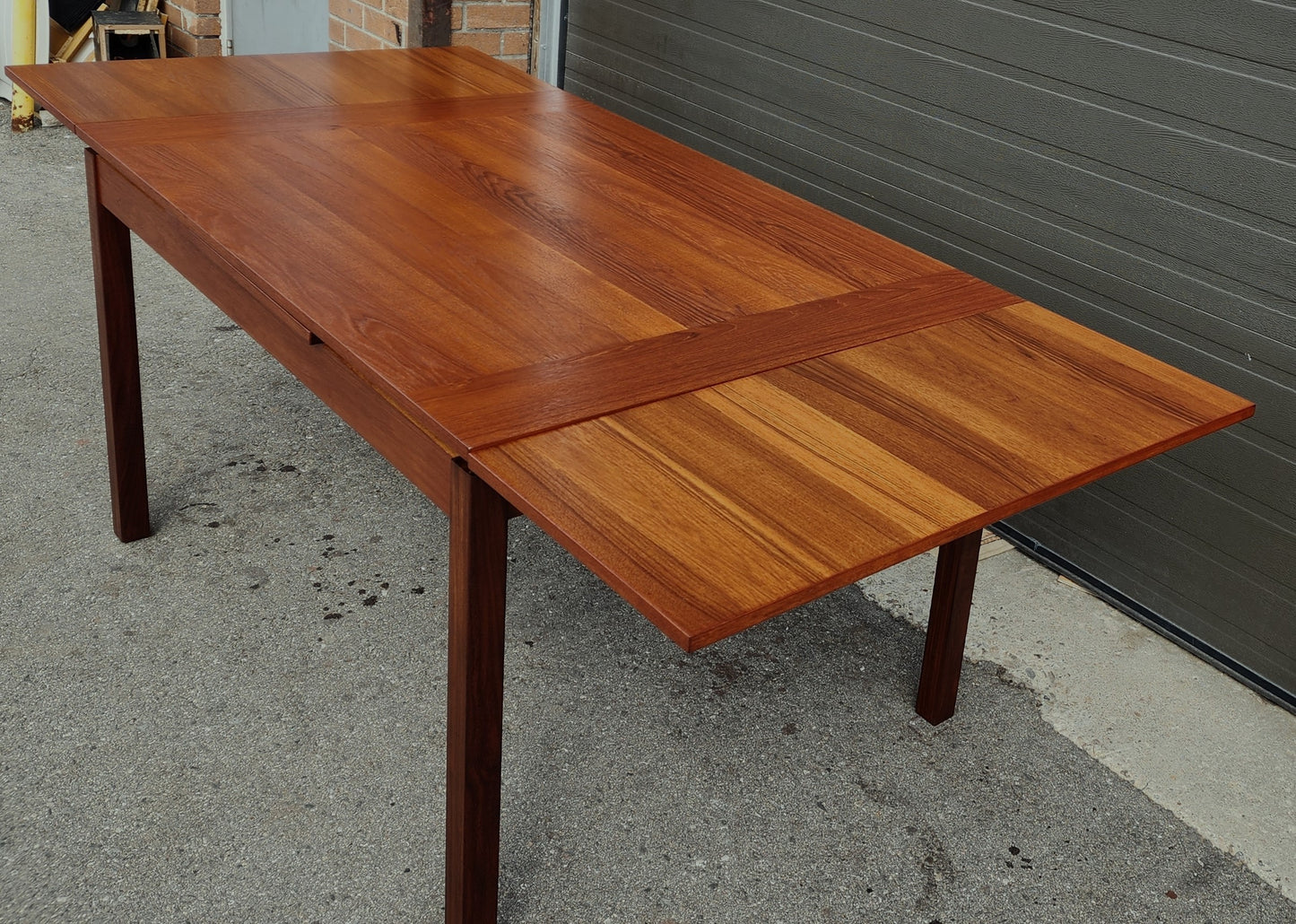 REFINISHED Mid Century Modern Teak Table Draw Leaf by RS Associates 51"-82"