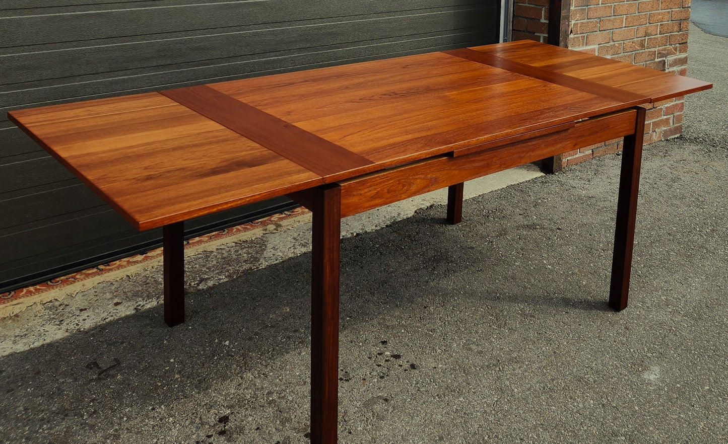 REFINISHED Mid Century Modern Teak Table Draw Leaf by RS Associates 51"-82"