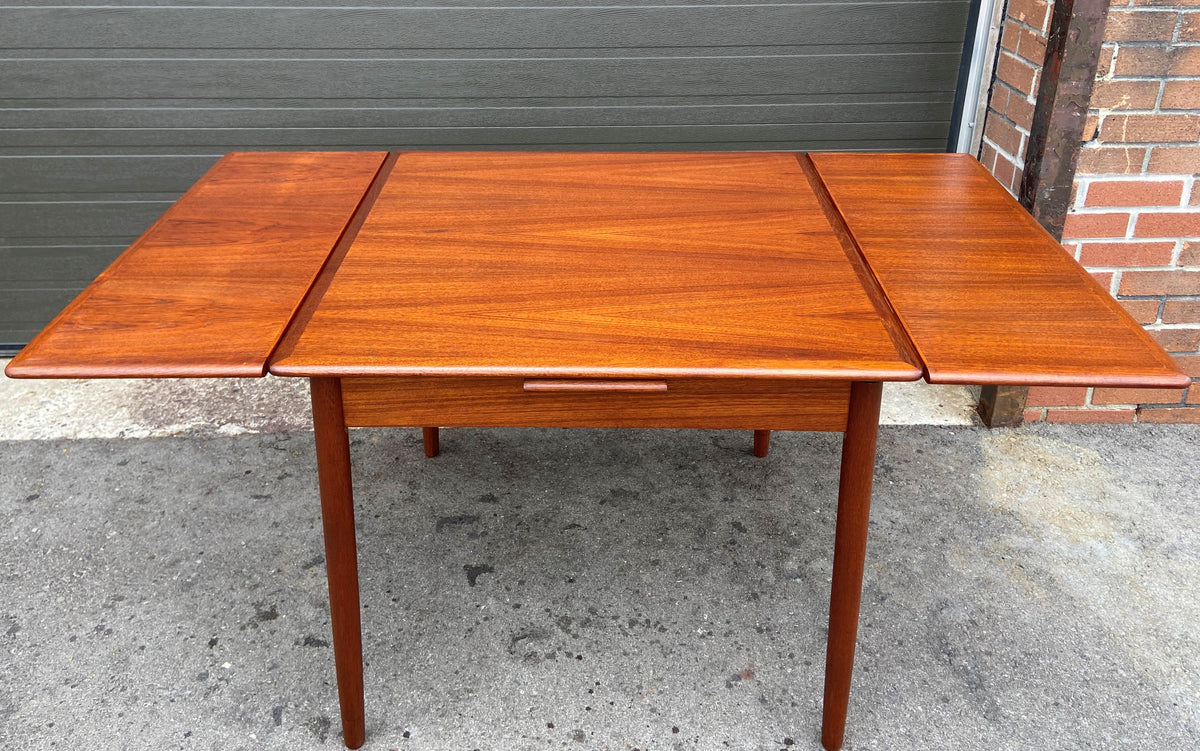 REFINISHED Danish Mid Century Modern Teak Table w 2 Leaves, 33