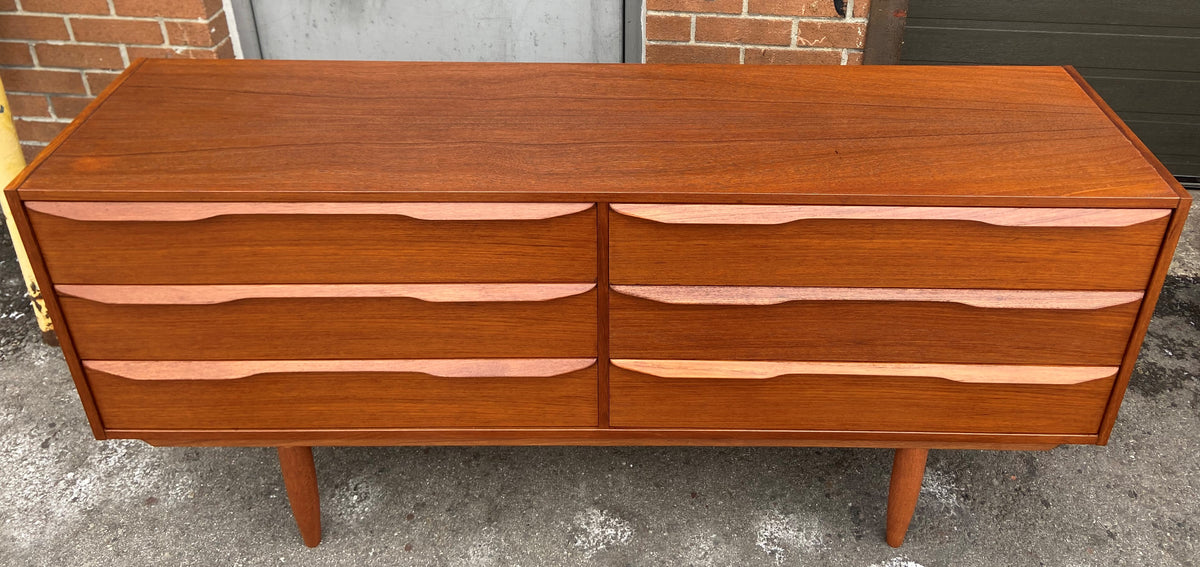 REFINISHED Mid Century Modern Teak Dresser 6 Drawers, Narrow