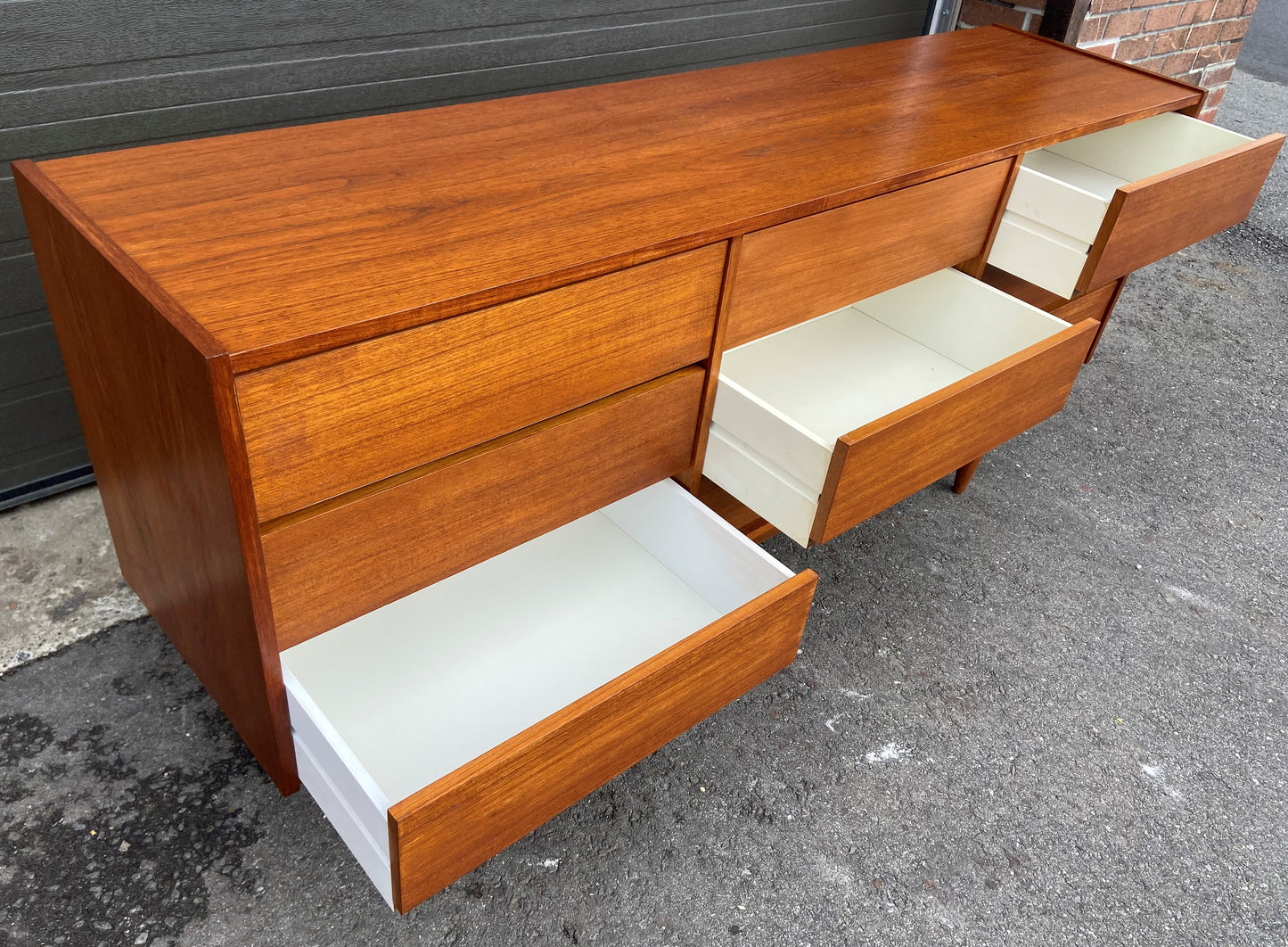 REFINISHED Mid Century Modern Teak Dresser 9 drawers 6 ft