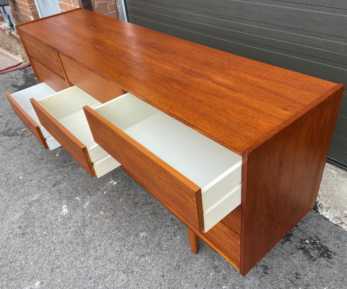 REFINISHED Mid Century Modern Teak Dresser 9 drawers 6 ft