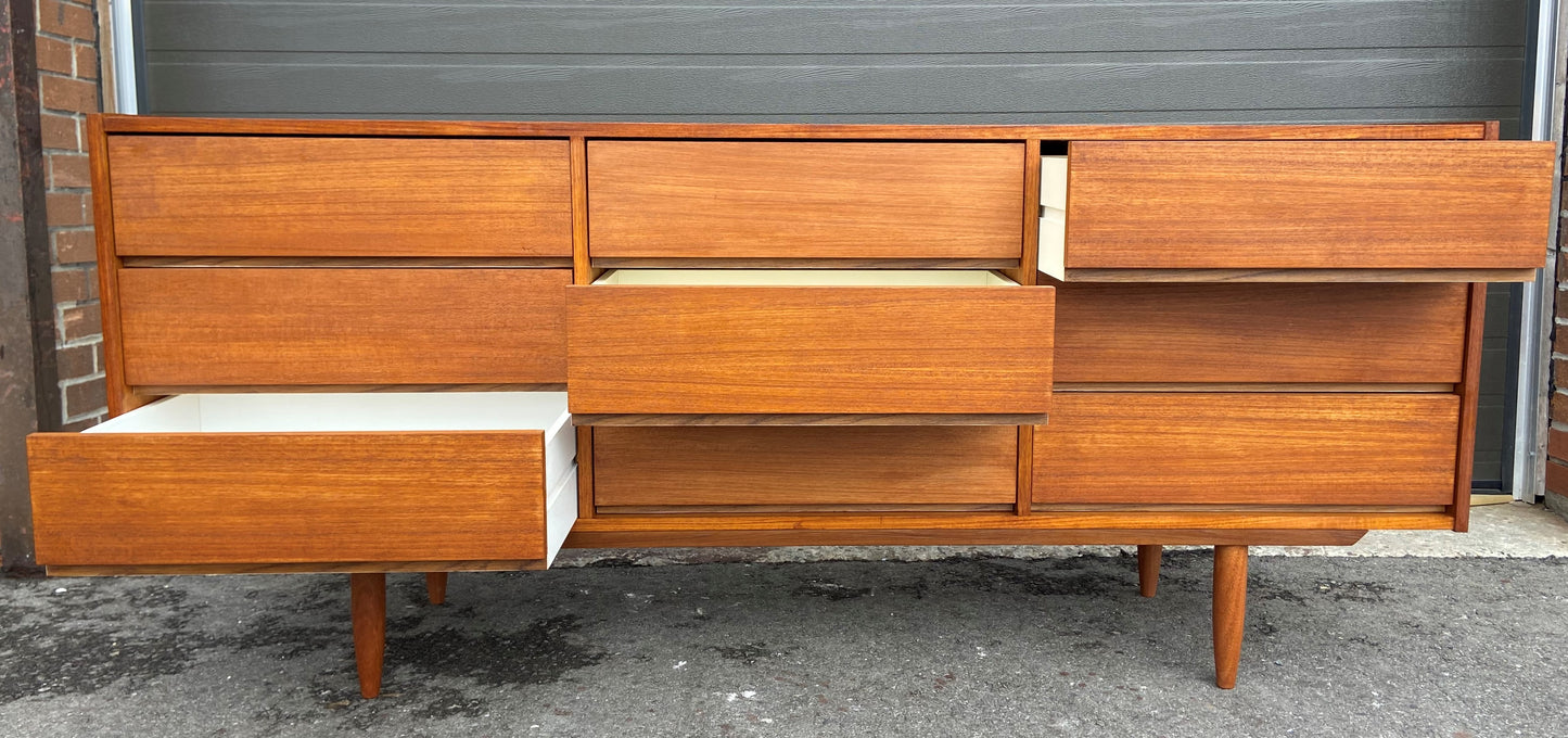 REFINISHED Mid Century Modern Teak Dresser 9 drawers 6 ft
