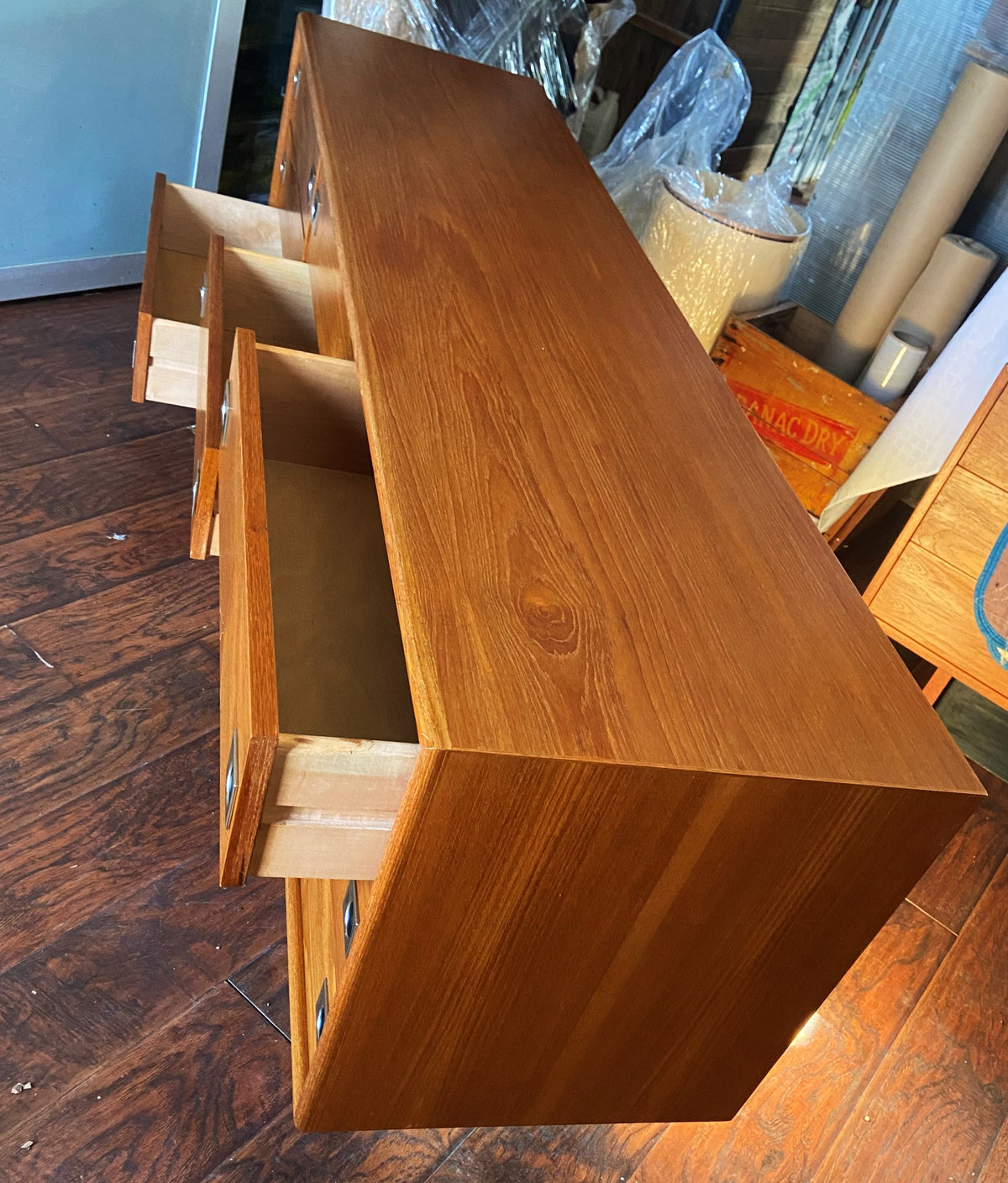 REFINISHED Mid Century Modern teak queen bed w floating nightstands & 2 dressers