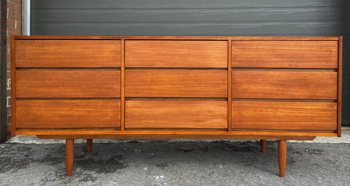 REFINISHED Mid Century Modern Teak Dresser 9 drawers 6 ft