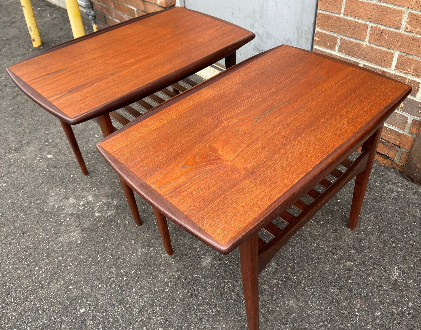 2 REFINISHED Mid Century Modern Teak End Tables w Shelves, Perfect