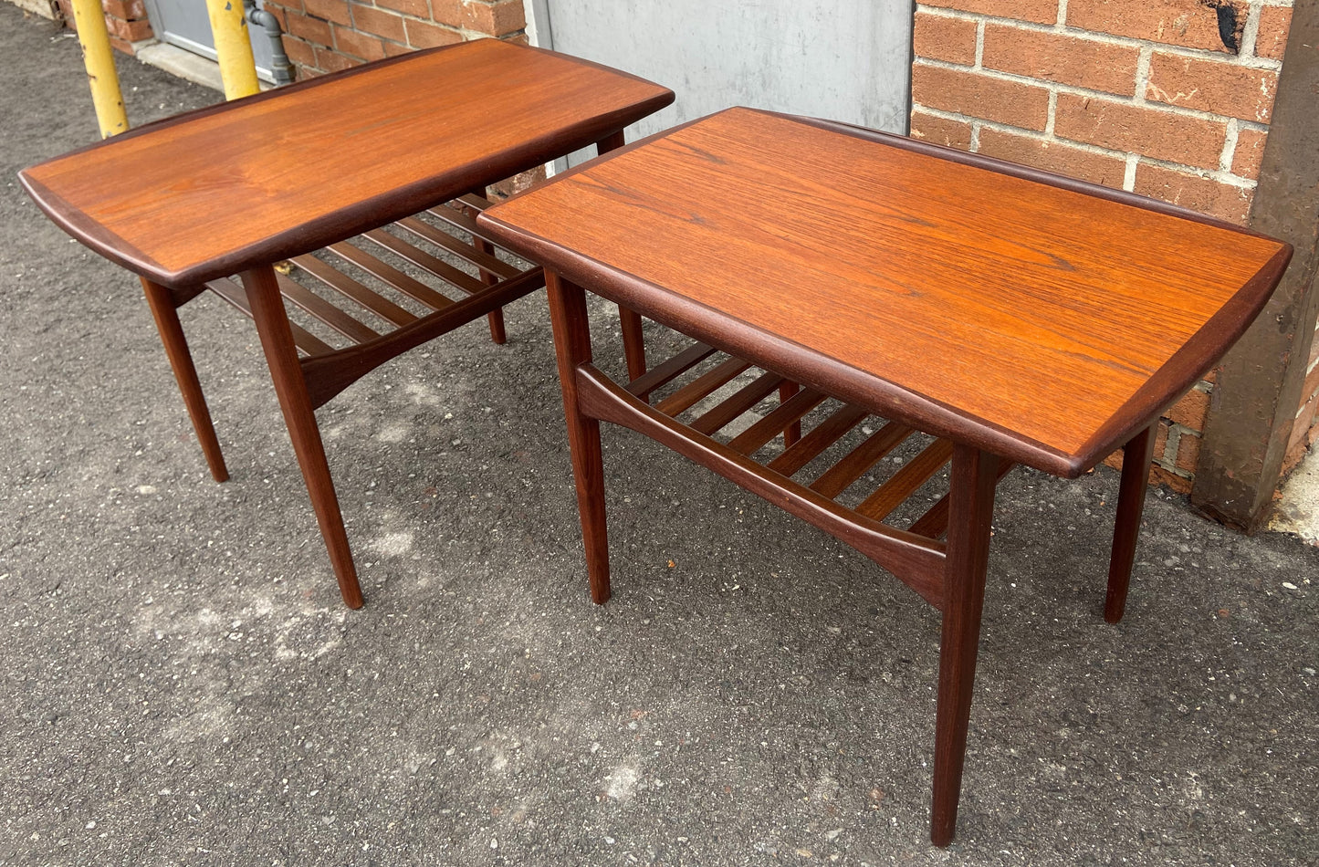 2 REFINISHED Mid Century Modern Teak End Tables w Shelves, Perfect