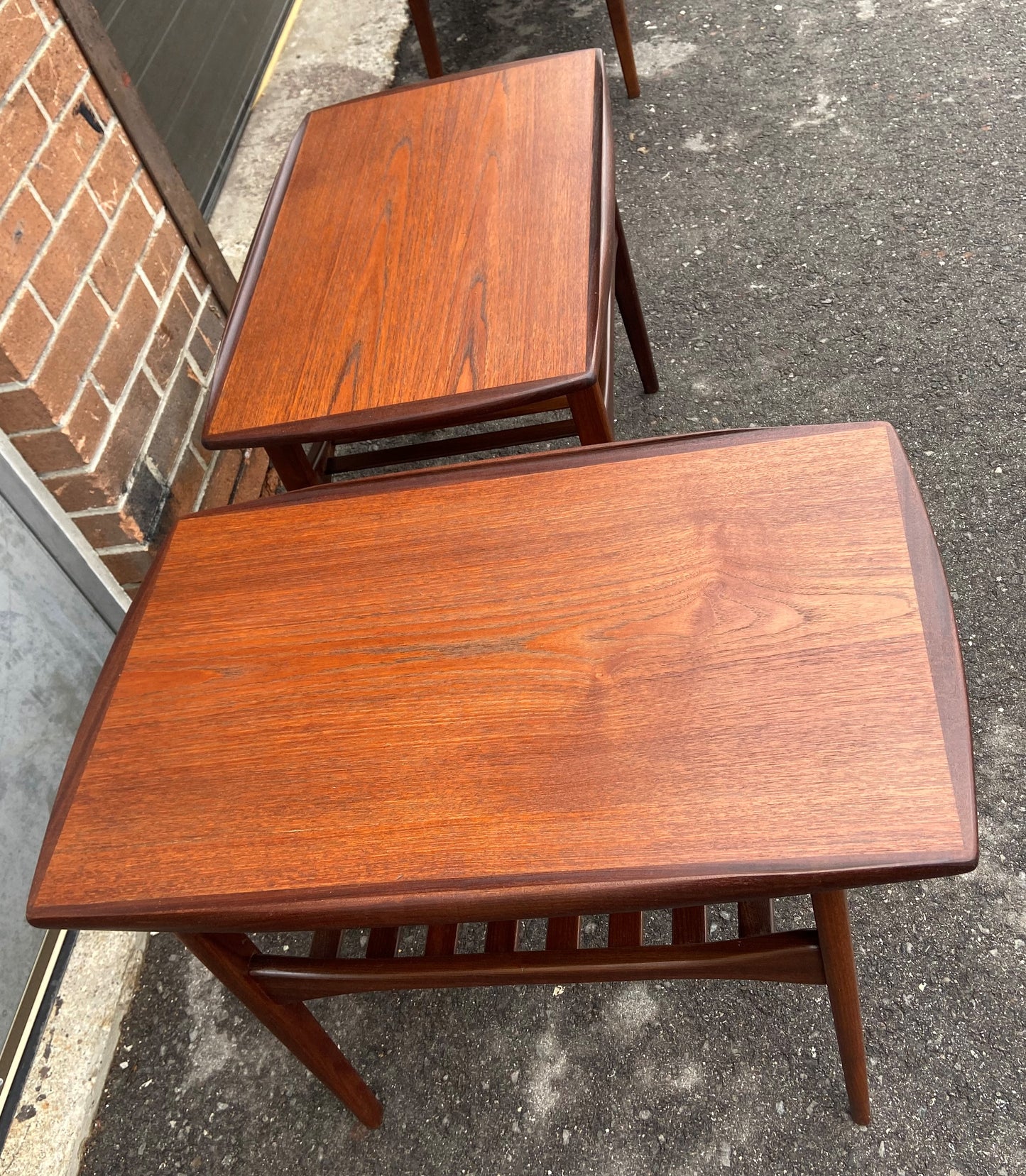 2 REFINISHED Mid Century Modern Teak End Tables w Shelves, Perfect