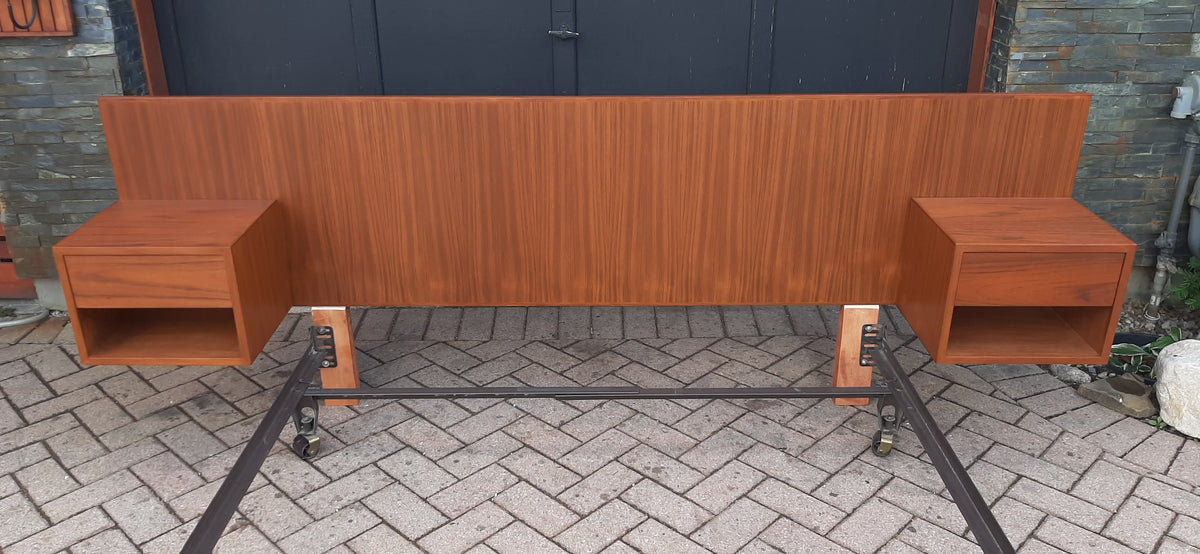 RESTORED Teak MCM Headboard w 2 floating nighstands for Queen Bed L 94.5