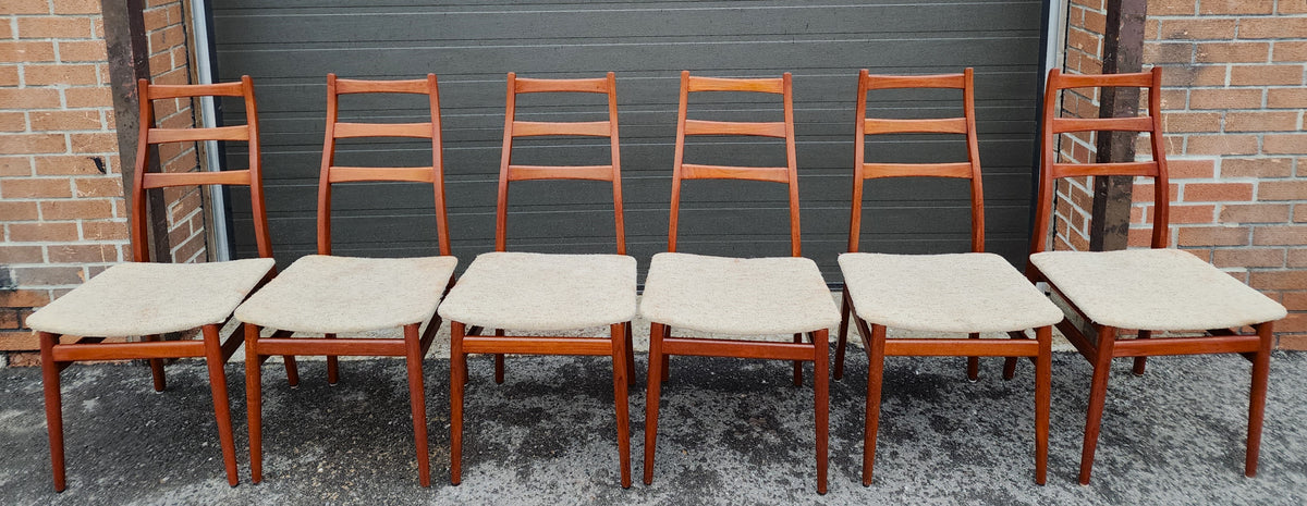6 RESTORED Mid Century Modern Teak Ladder-Back Chairs, will be REUPHOLSTERED