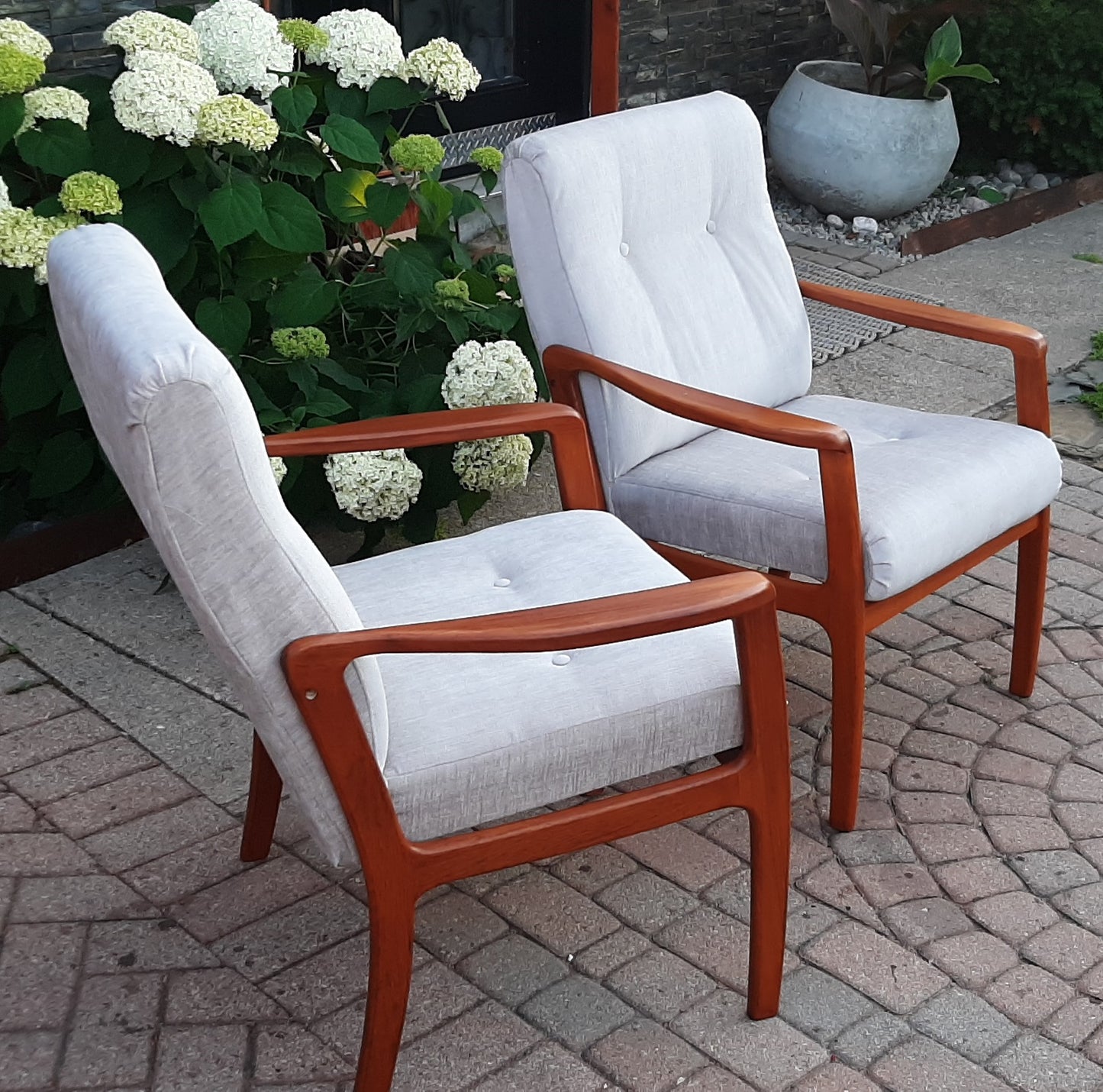 REFINISHED REUPHOLSTERED Pair of Mid Century Modern Teak Armchairs,  Perfect