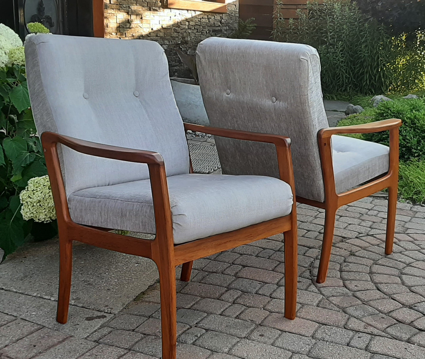 REFINISHED REUPHOLSTERED Pair of Mid Century Modern Teak Armchairs,  Perfect