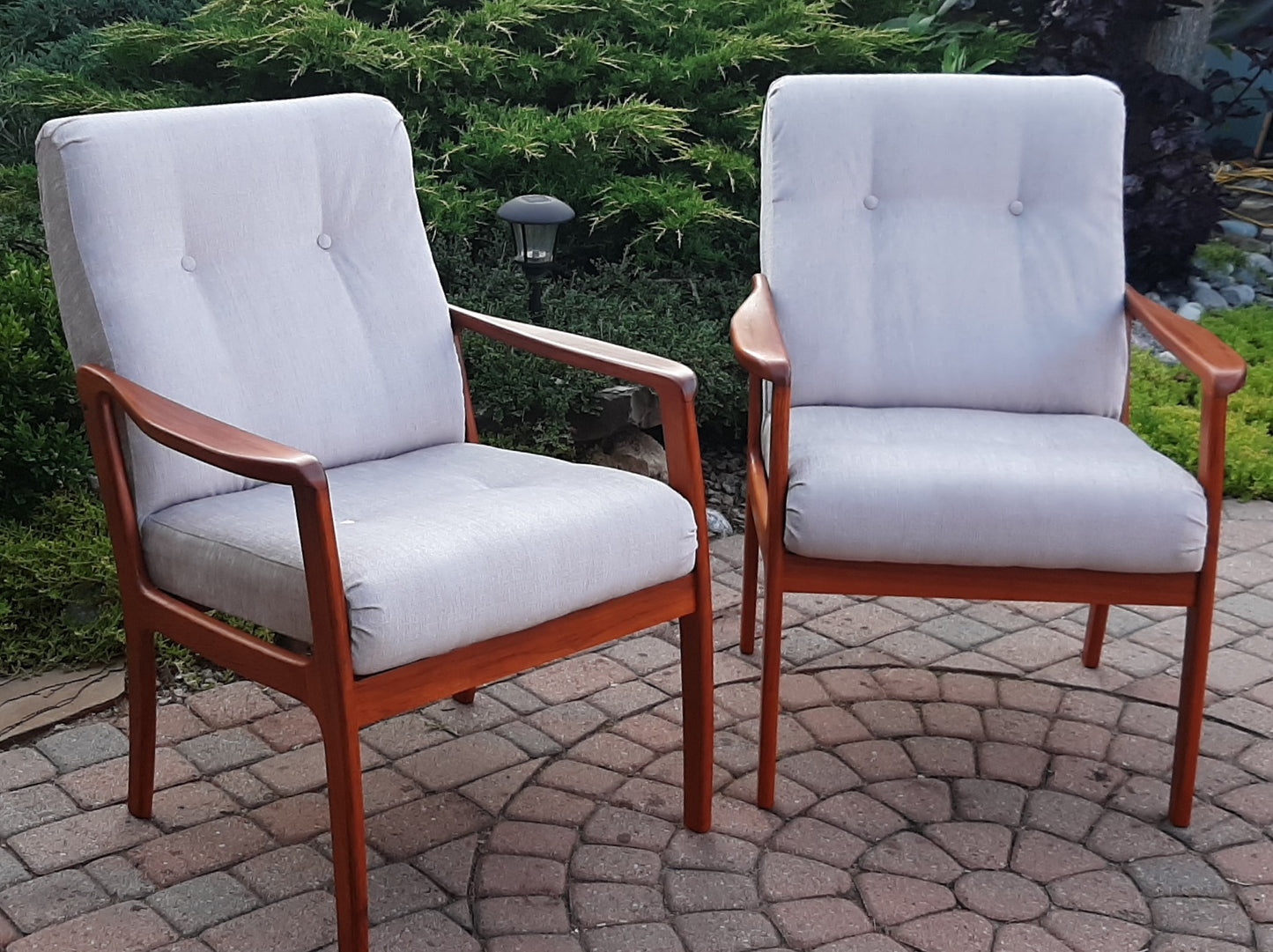 REFINISHED REUPHOLSTERED Pair of Mid Century Modern Teak Armchairs,  Perfect