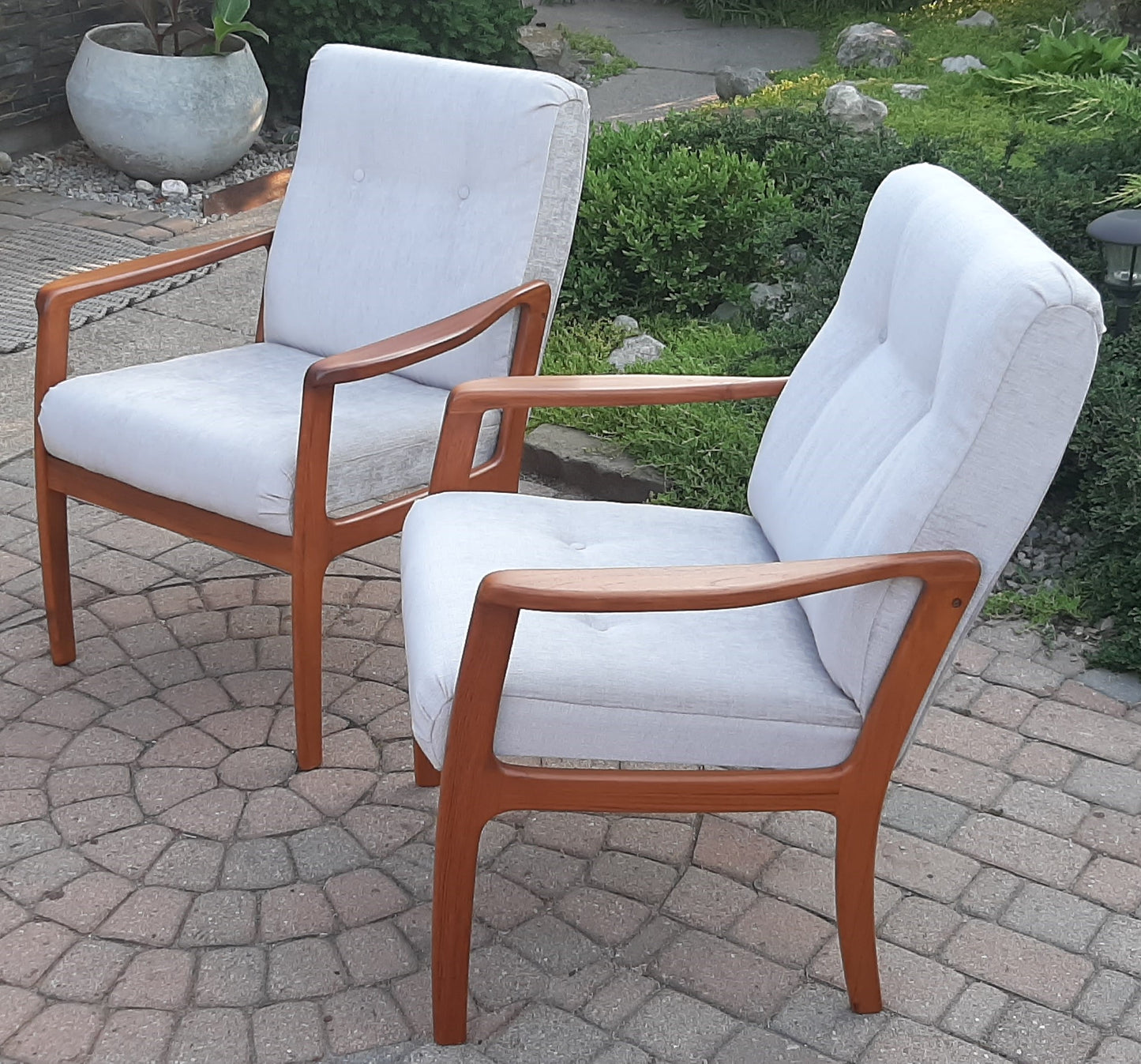 REFINISHED REUPHOLSTERED Pair of Mid Century Modern Teak Armchairs,  Perfect