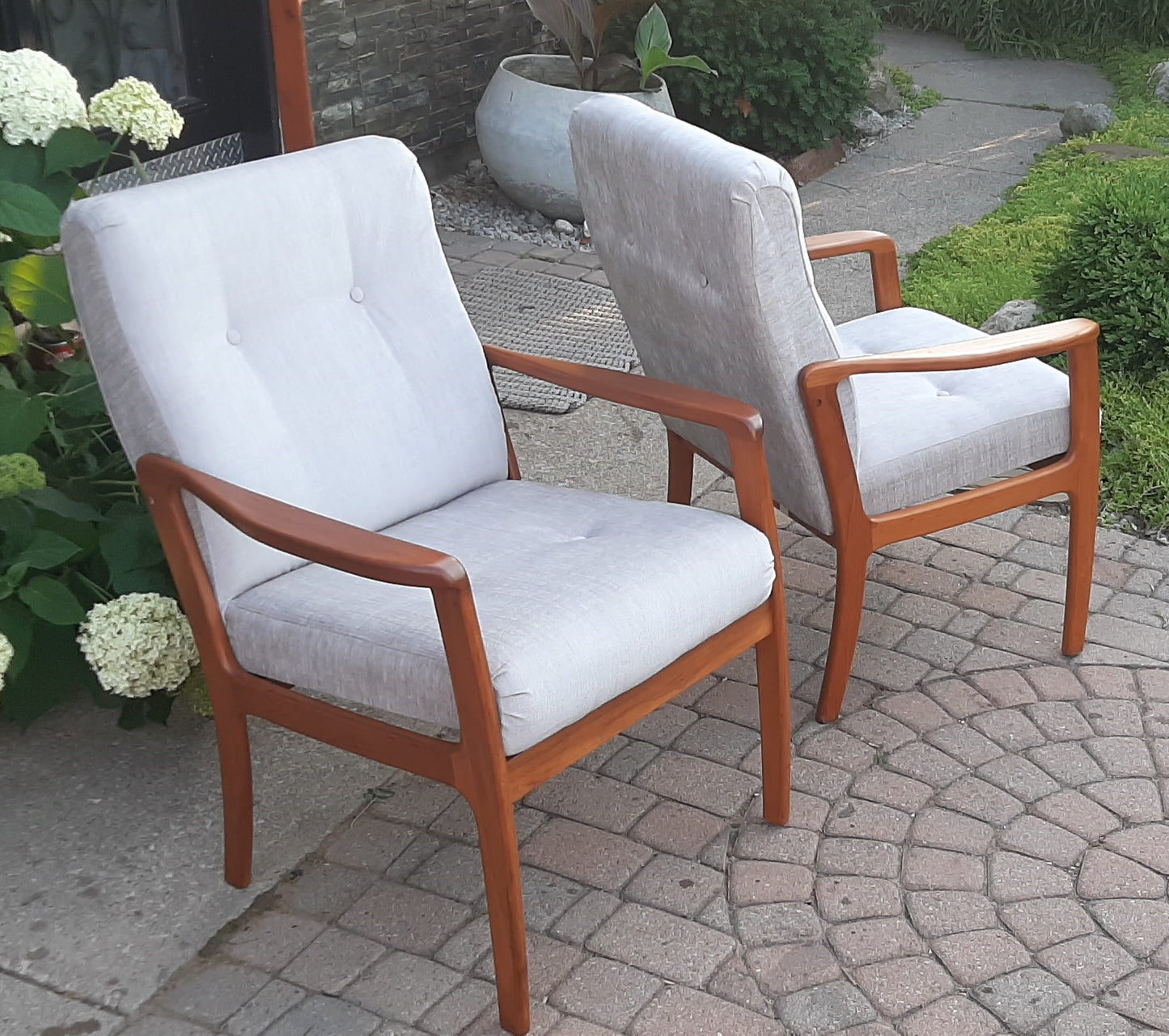 REFINISHED REUPHOLSTERED Pair of Mid Century Modern Teak Armchairs,  Perfect