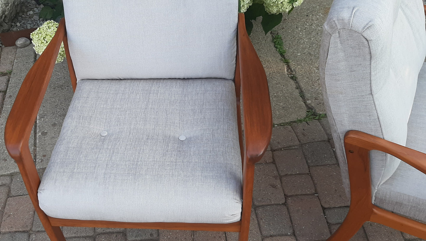 REFINISHED REUPHOLSTERED Pair of Mid Century Modern Teak Armchairs,  Perfect