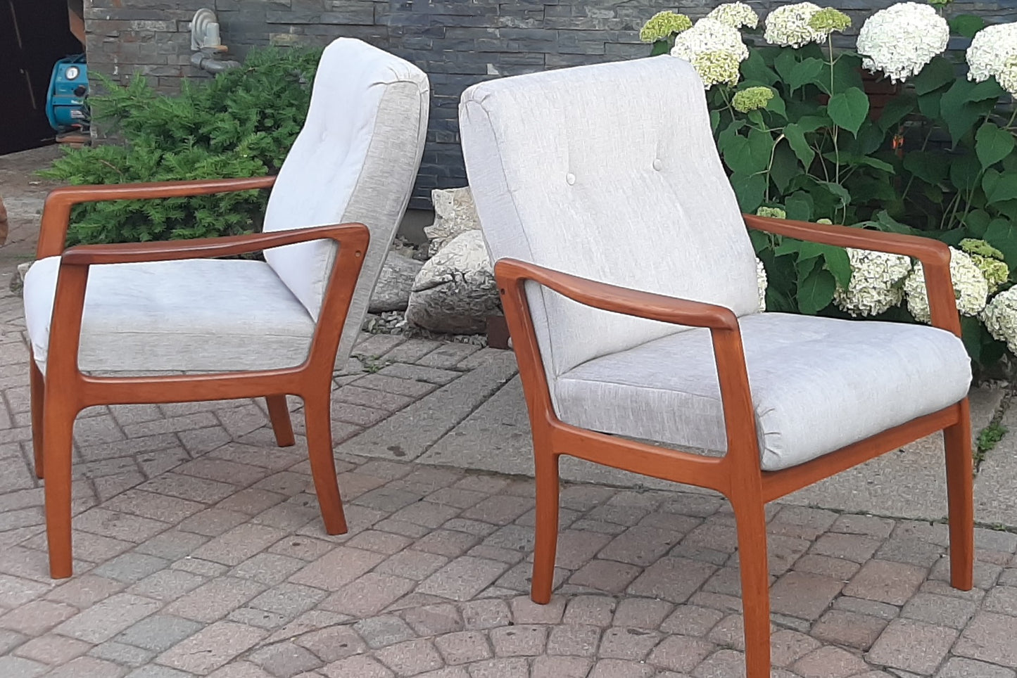 REFINISHED REUPHOLSTERED Pair of Mid Century Modern Teak Armchairs,  Perfect