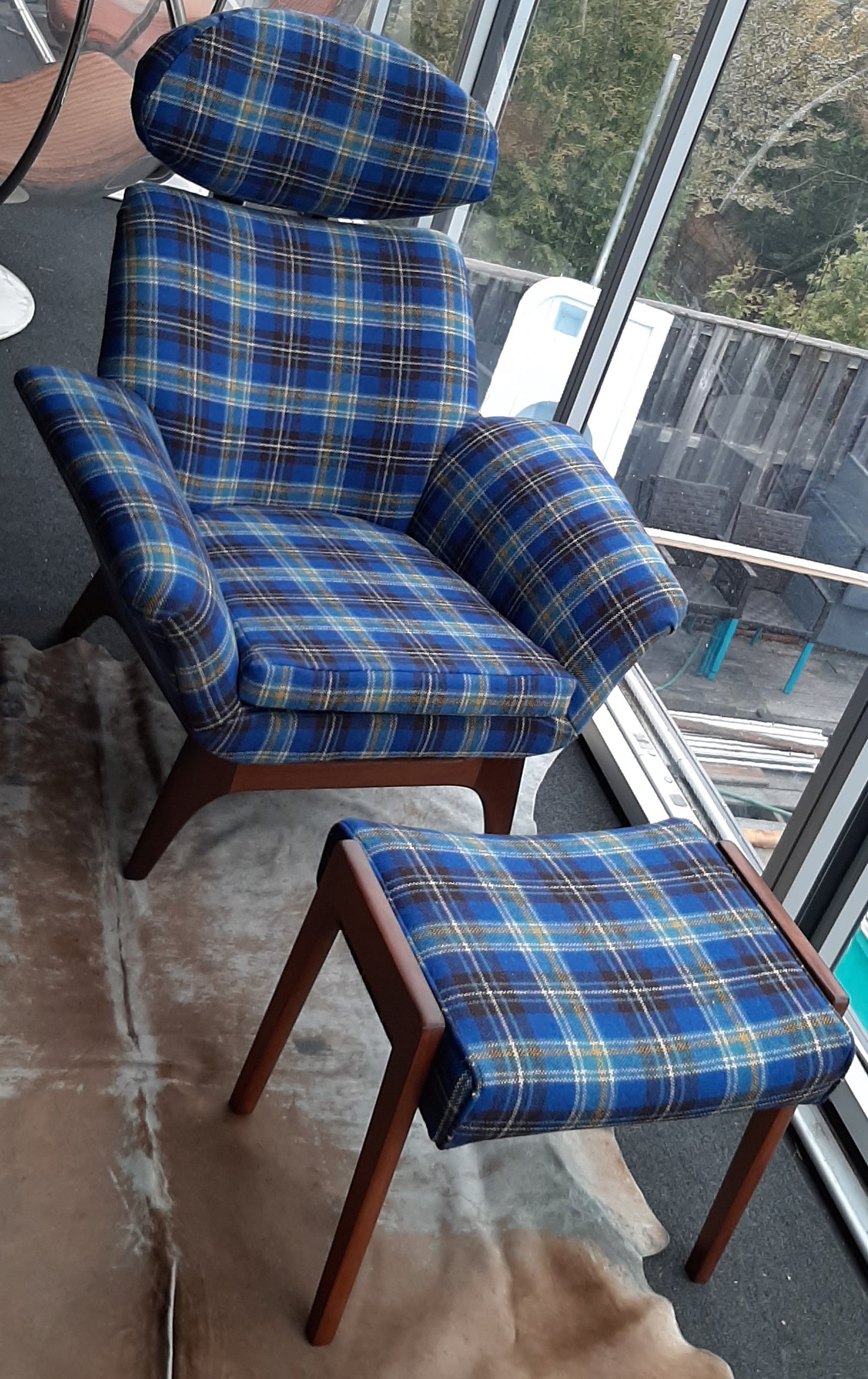 REFINISHED REUPHOLSTERED Adrian Pearsall style Teak  Lounge Chair and ottoman in Maharam plaid wool PERFECT - Mid Century Modern Toronto
