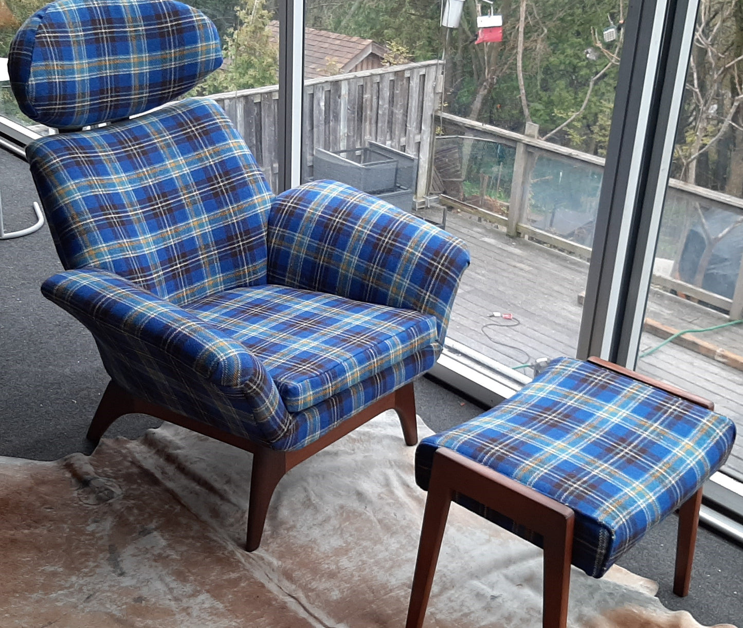 REFINISHED REUPHOLSTERED Adrian Pearsall style Teak  Lounge Chair and ottoman in Maharam plaid wool PERFECT - Mid Century Modern Toronto
