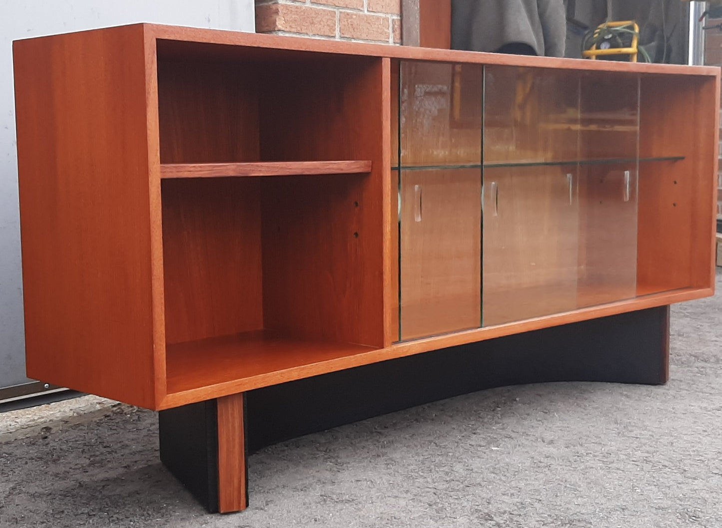 REFINISHED MCM  Teak Console 60" w glass doors, Perfect