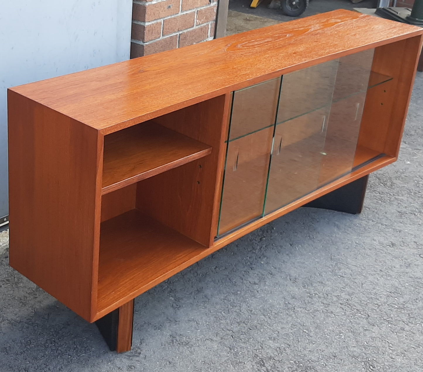 REFINISHED MCM  Teak Console 60" w glass doors, Perfect