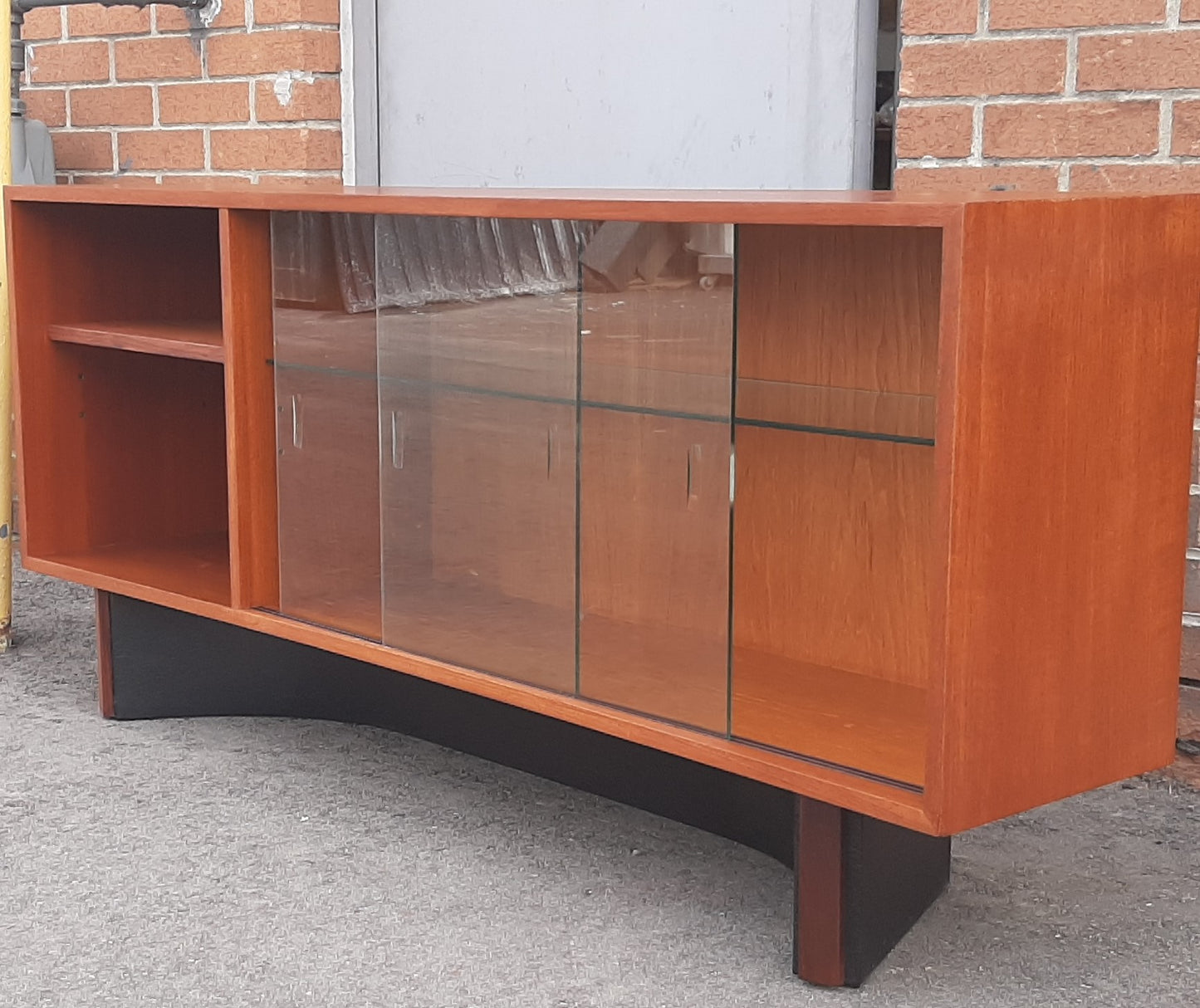 REFINISHED MCM  Teak Console 60" w glass doors, Perfect