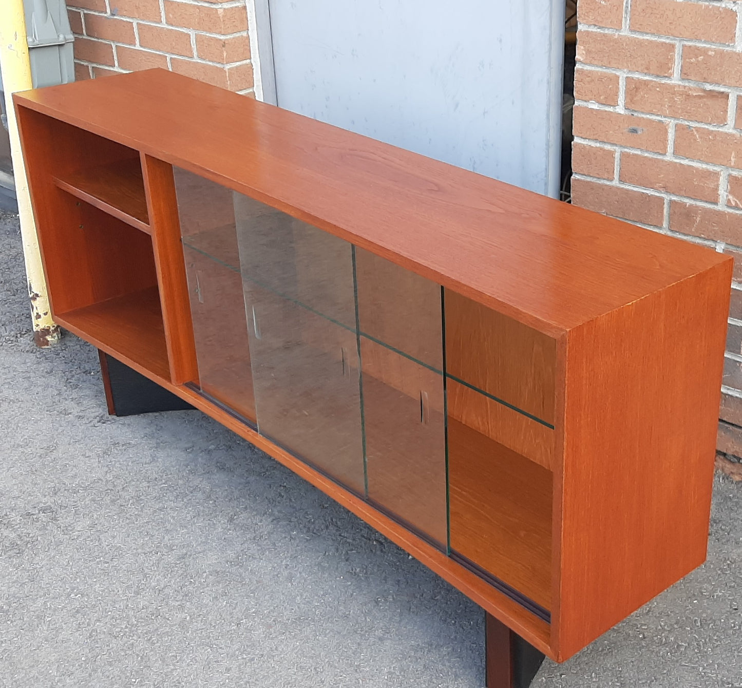 REFINISHED MCM  Teak Console 60" w glass doors, Perfect