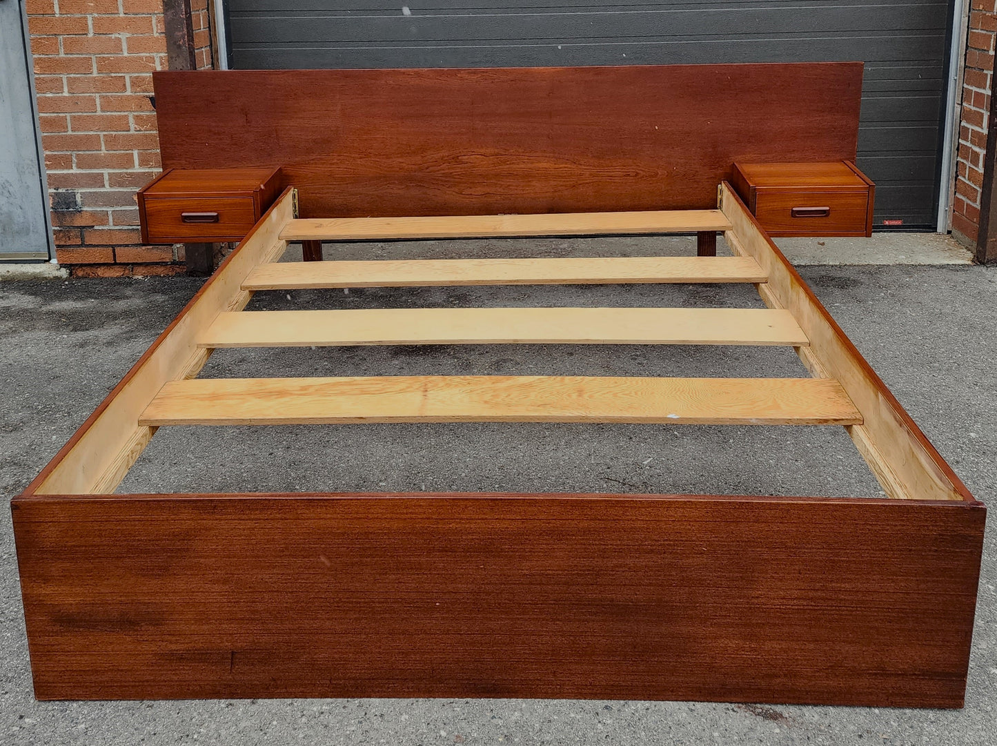 REFINISHED Mid Century Modern Teak Queen Bed w Floating Nightstands