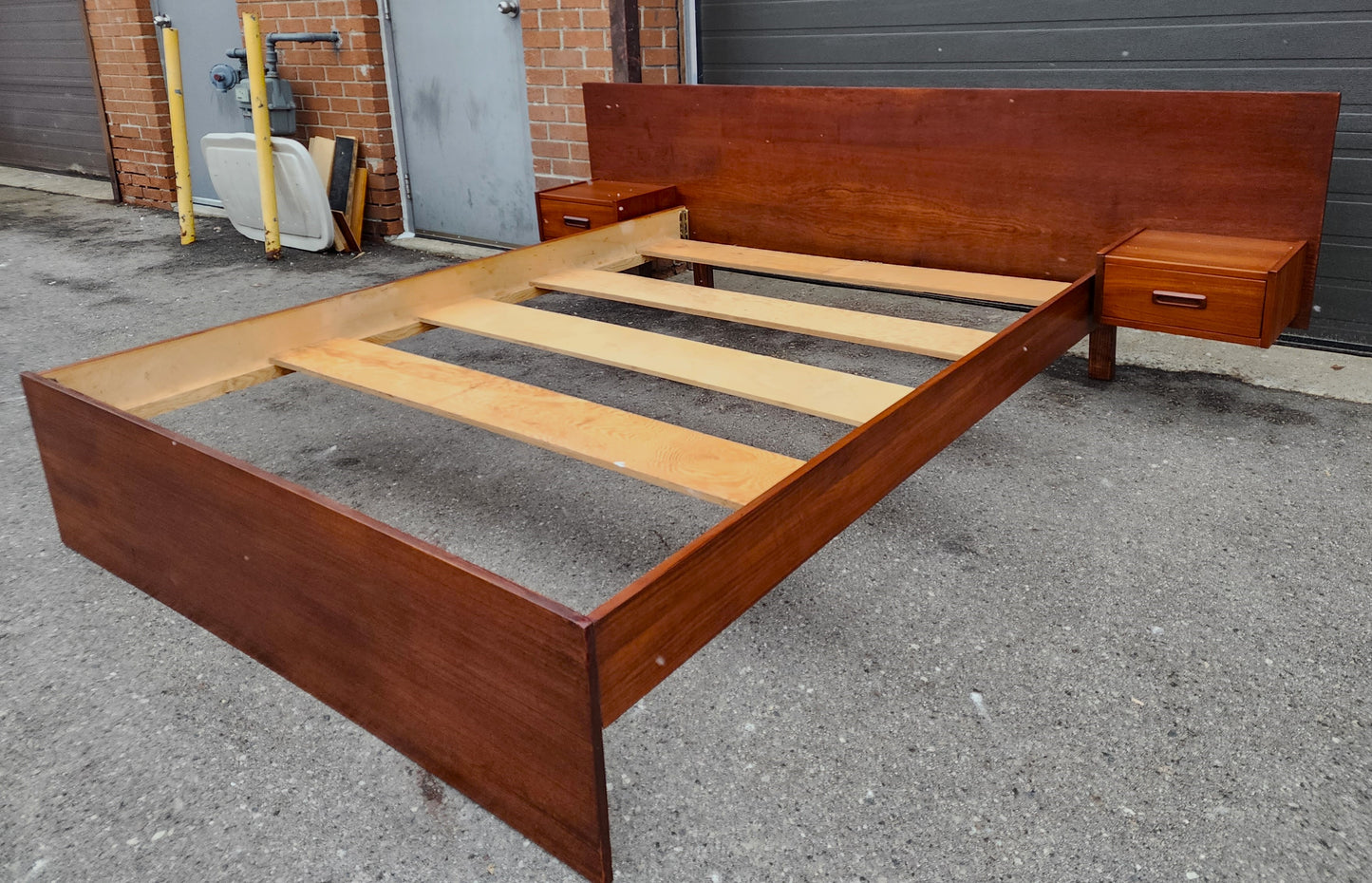 REFINISHED Mid Century Modern Teak Queen Bed w Floating Nightstands