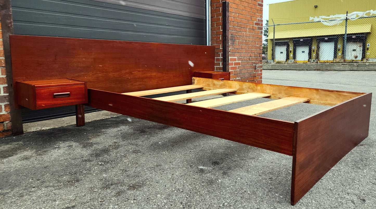 REFINISHED Mid Century Modern Teak Queen Bed w Floating Nightstands