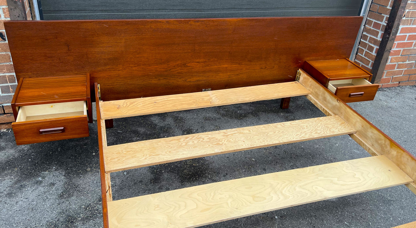 REFINISHED Mid Century Modern Teak Queen Bed w Floating Nightstands