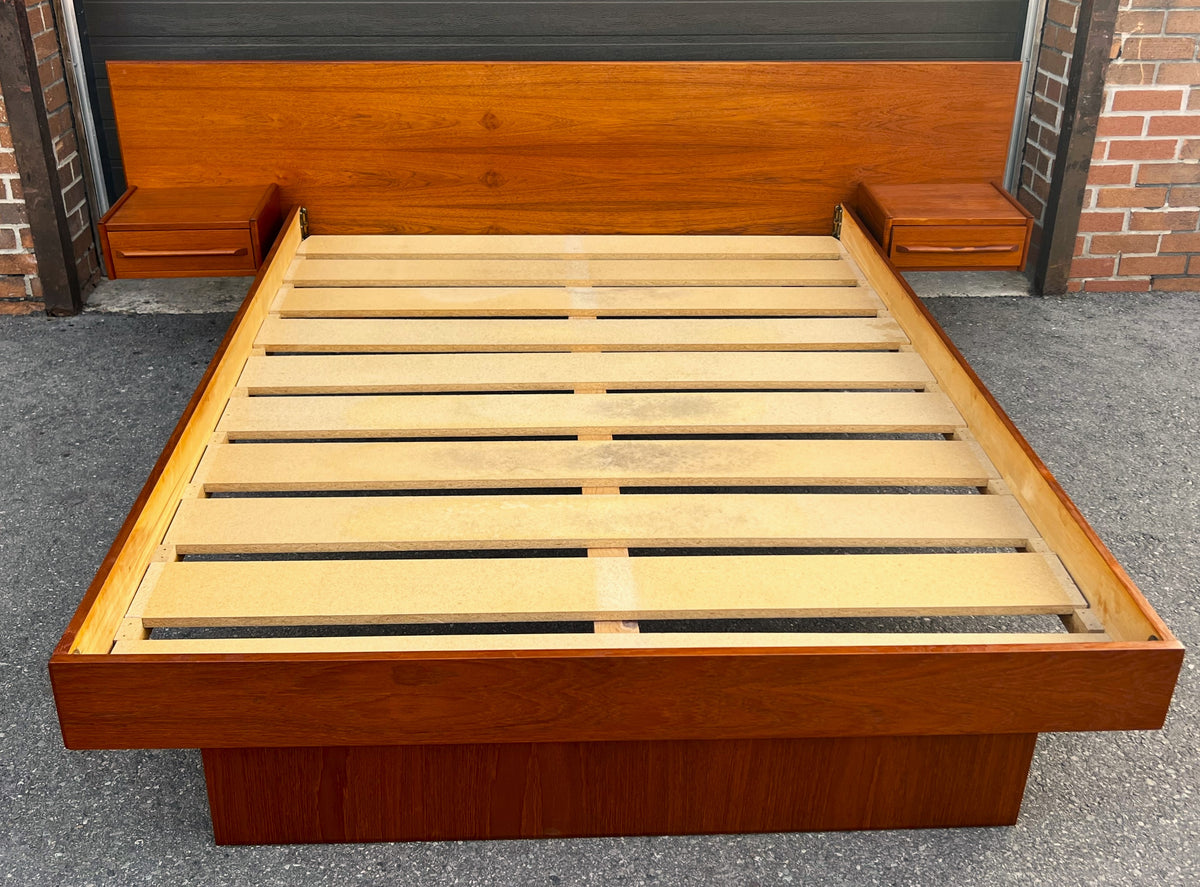 REFINISHED Mid Century Modern Teak Queen Bed w Nightstands & Tallboy