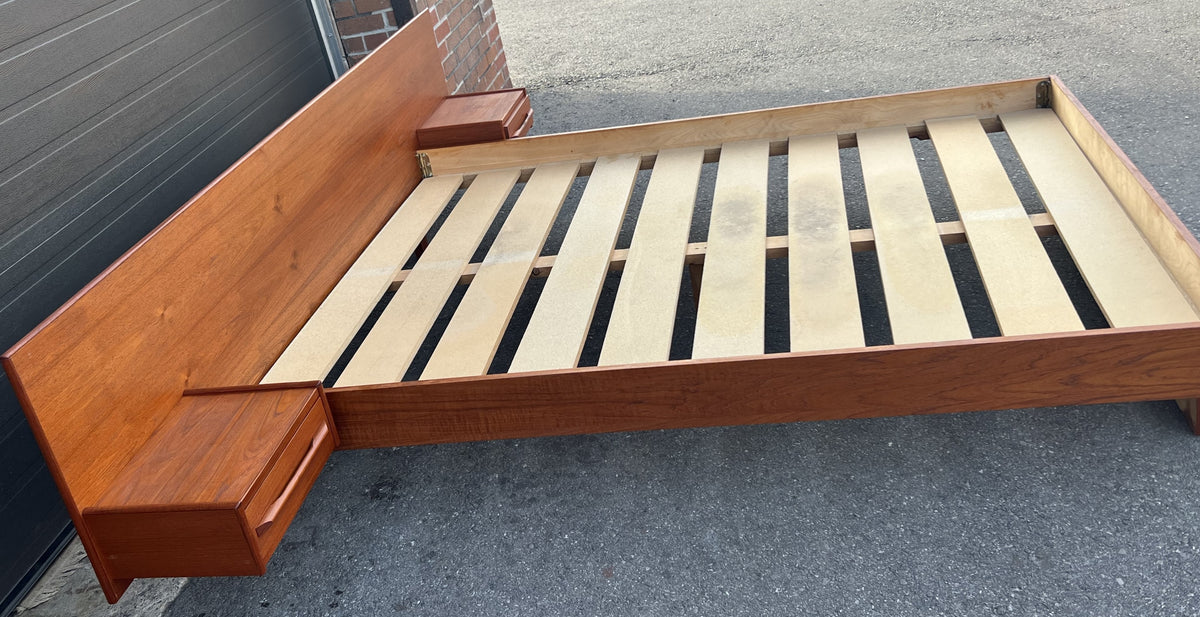 REFINISHED Mid Century Modern Teak Queen Bed w Nightstands & Tallboy