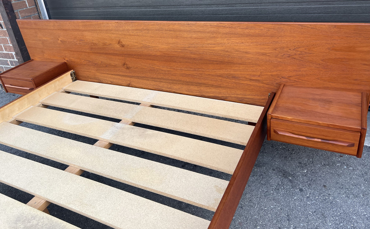 REFINISHED Mid Century Modern Teak Queen Bed w Nightstands & Tallboy