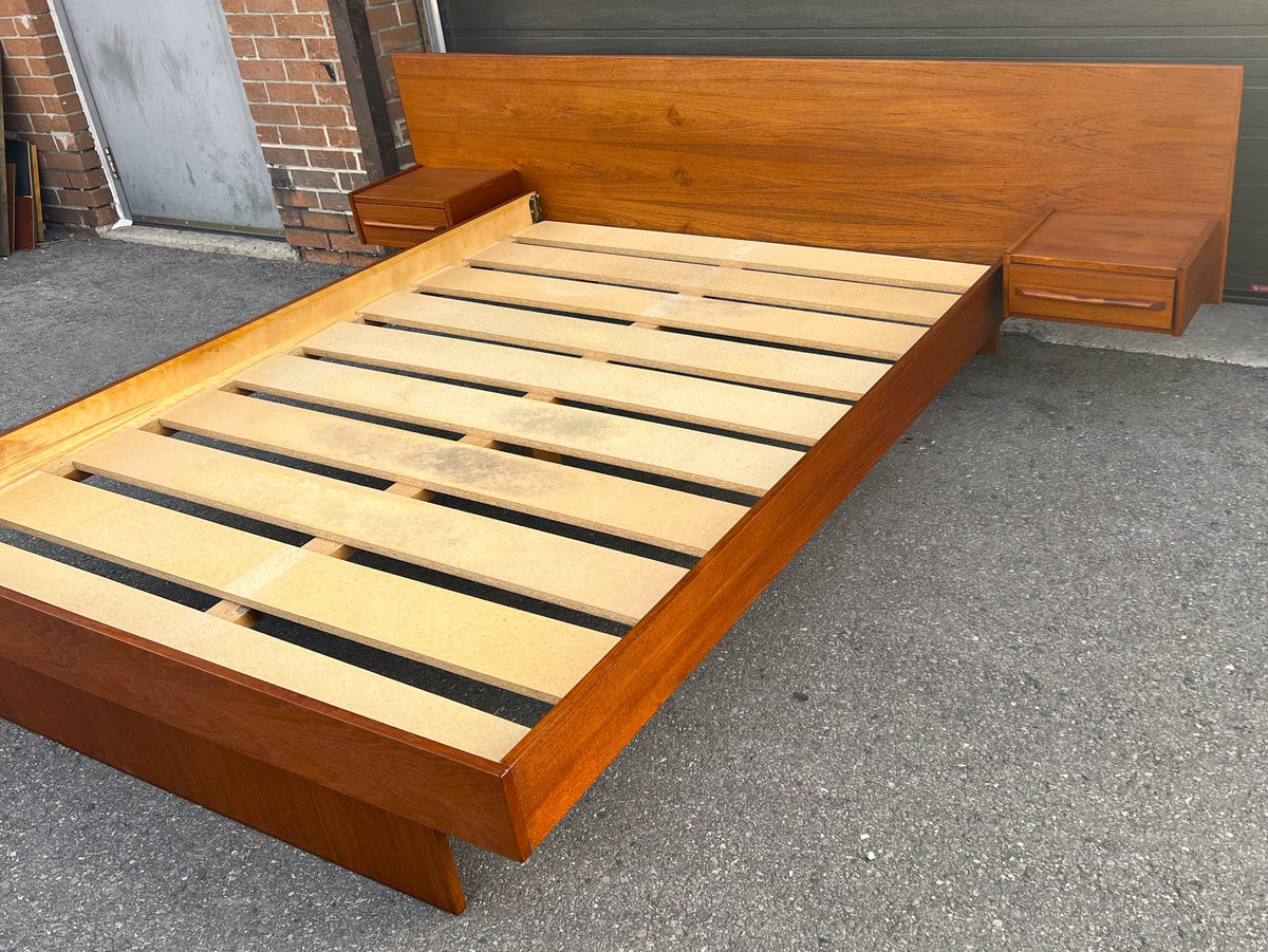 REFINISHED Mid Century Modern Teak Queen Bed w Nightstands & Tallboy