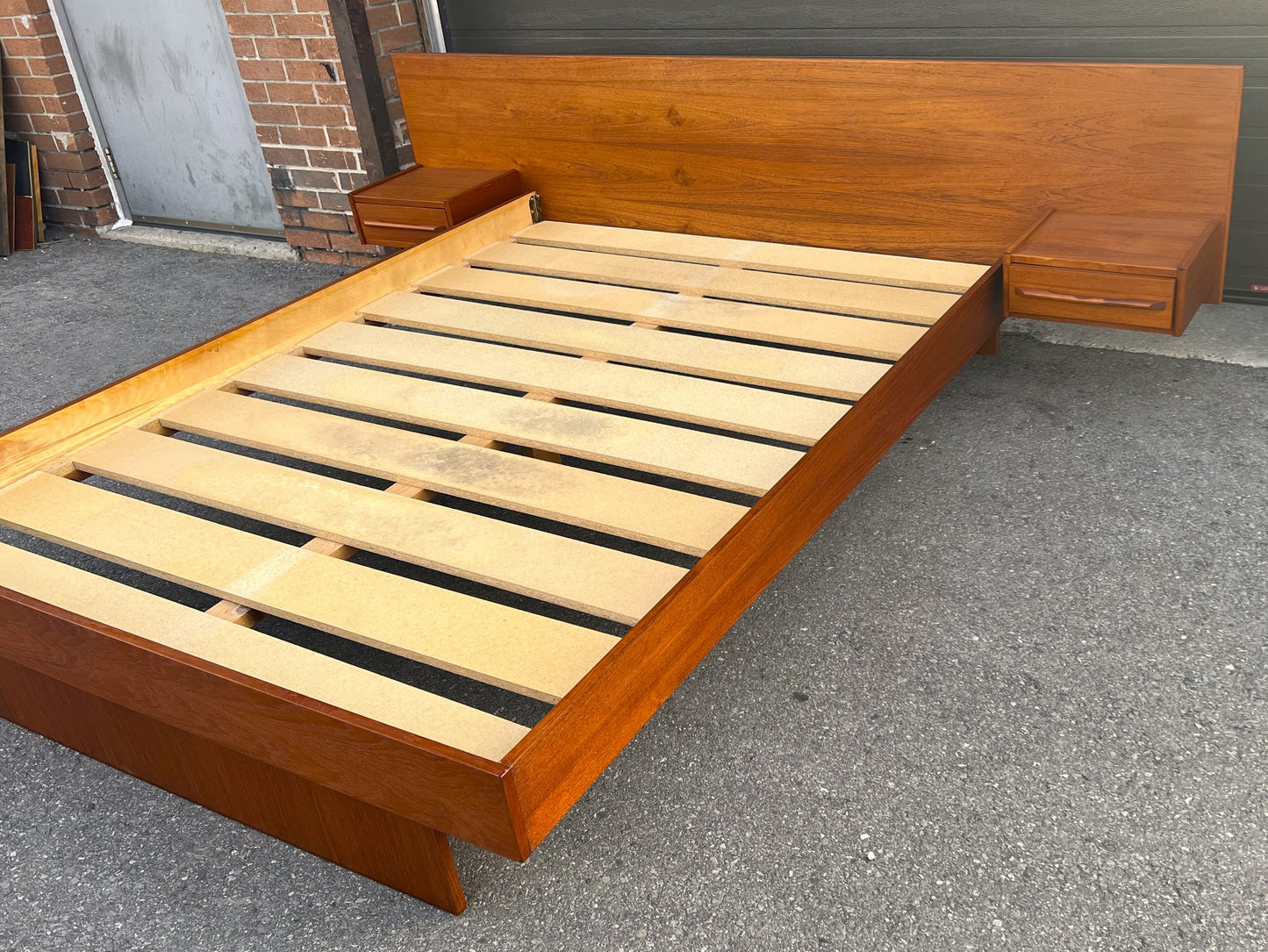 REFINISHED Mid Century Modern Teak Queen Bed w Nightstands & Tallboy