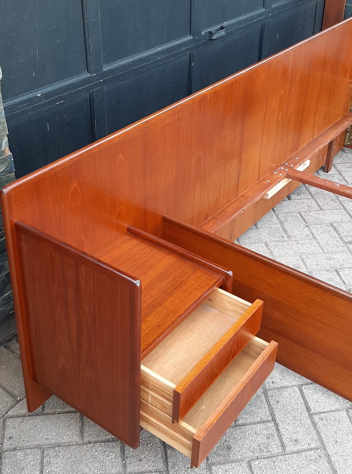 REFINISHED Danish MCM Teak Platform Bed w floating nightstands Queen,